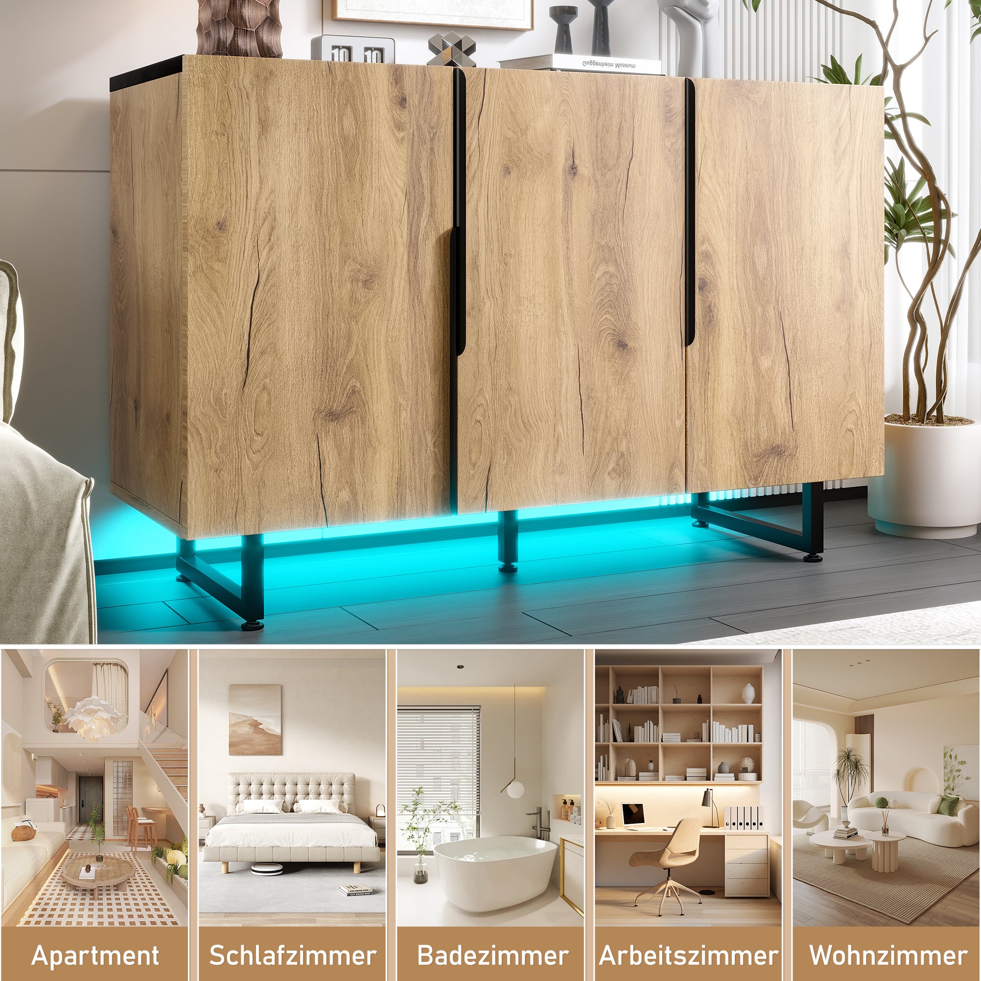 Sideboard, Retro with Integrated LED Lighting, Freestanding, Adjustable Shelves, Stylish Design
