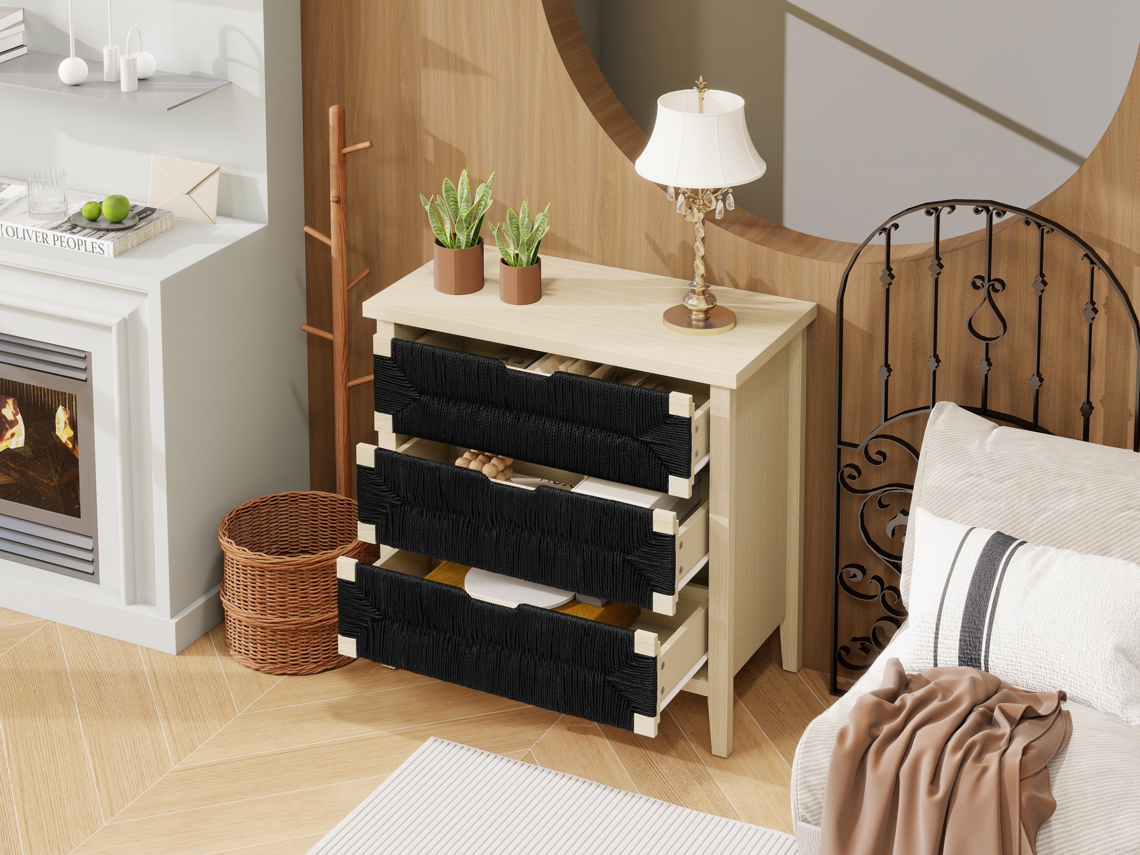 Chest of Drawers 3-Drawer Boho Rope Design 80cm - Natural Wood/Black