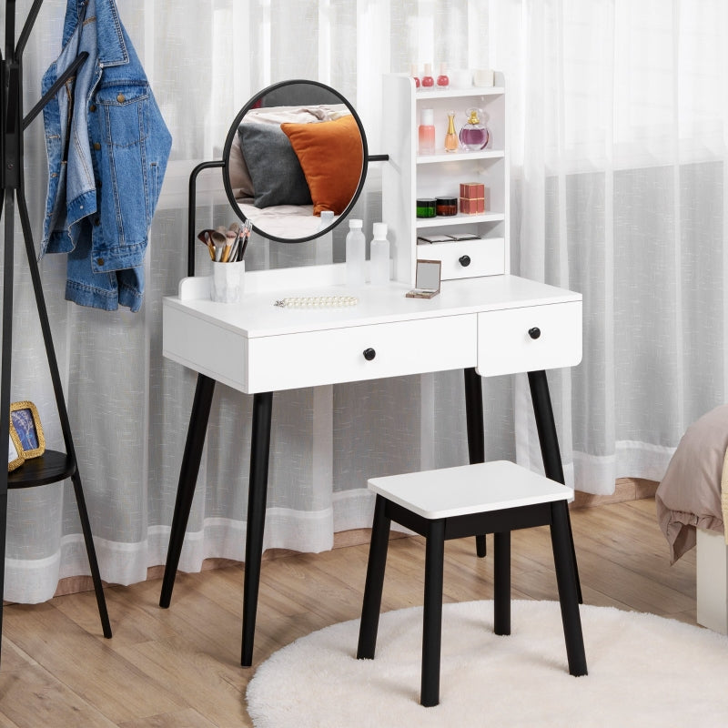 Dressing Table Set with Mirror, Stool, 3 Drawers and Open Shelves, White