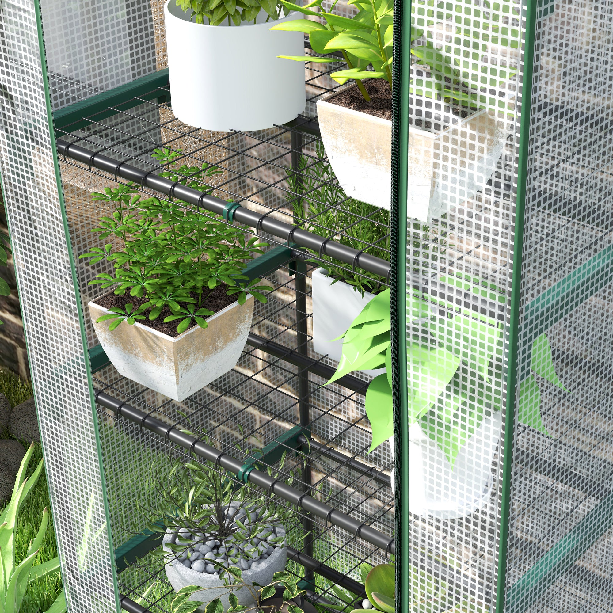 Greenhouse with Roll-Up Door and Shelves, Winter-Proof Steel Film, White