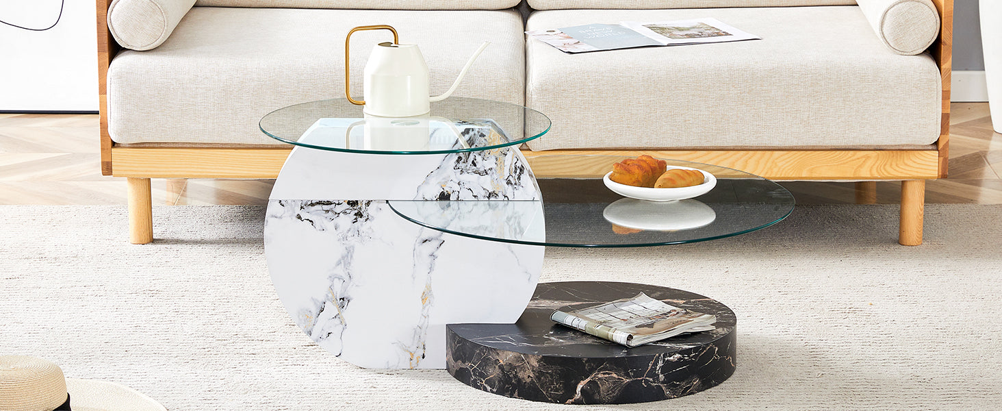 Coffee Table Modern Minimalist Two-Tiered Safety Glass Black and White Marble Effect