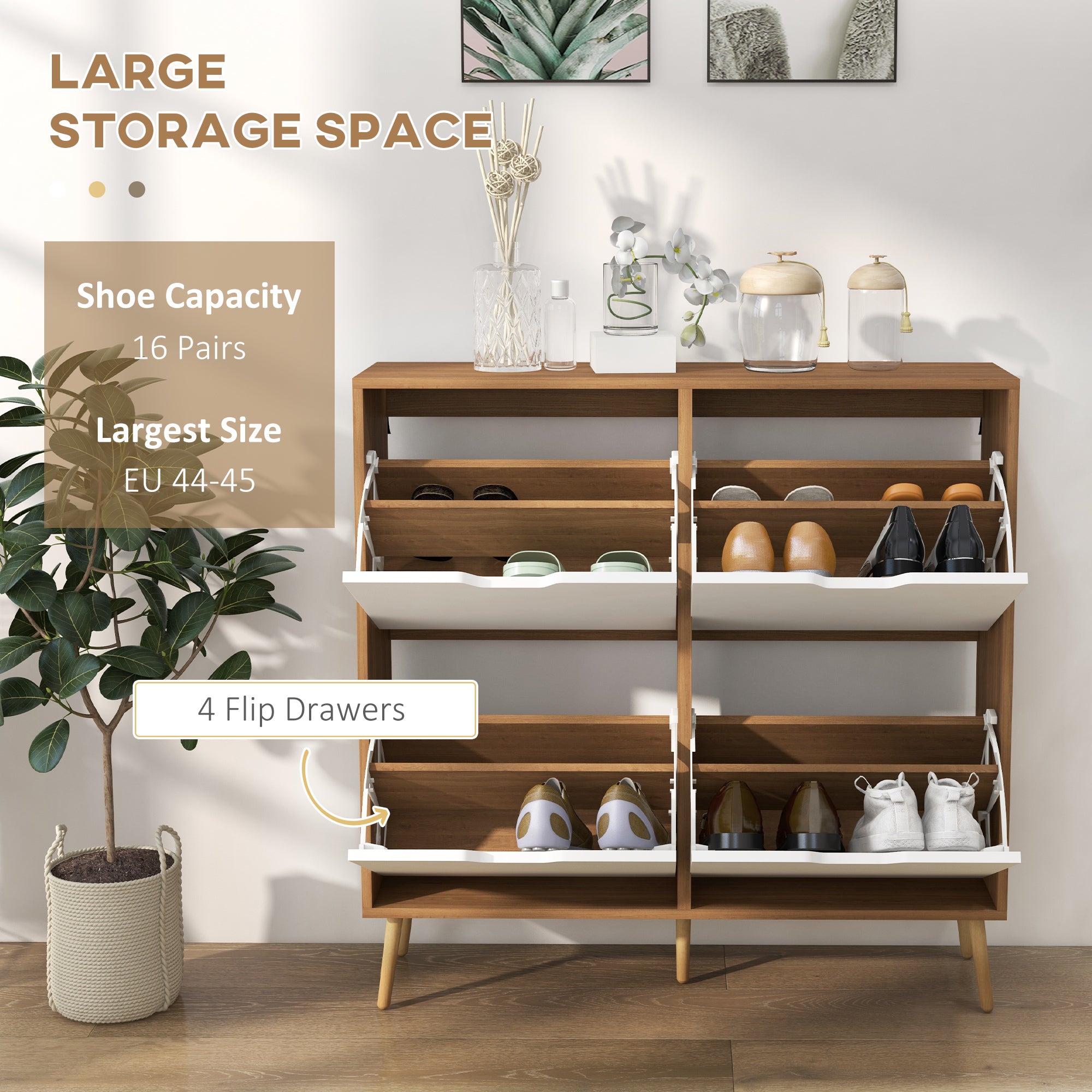 Shoe Storage Cabinet, 4 Flip Drawers, 16 Pairs, Natural