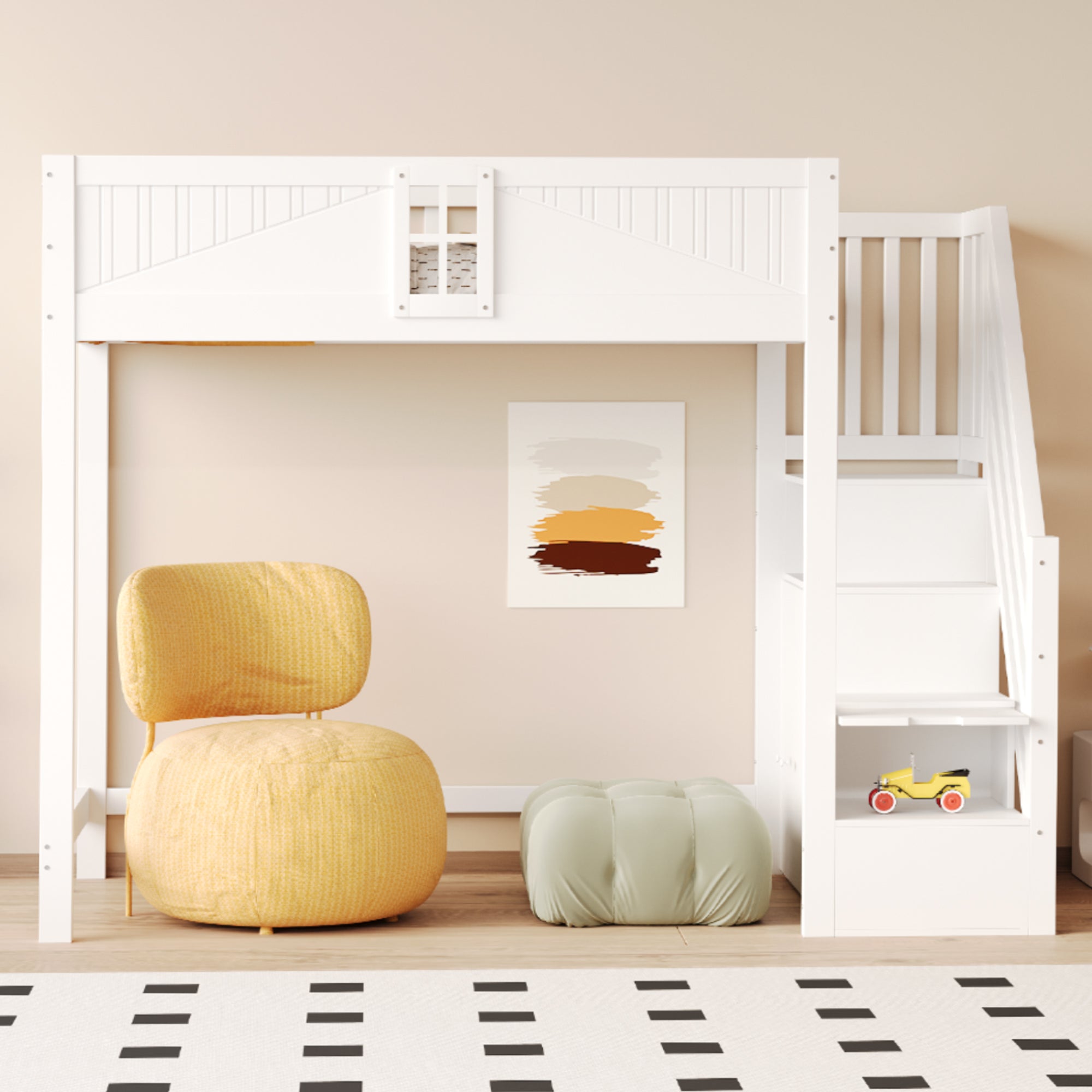 Loft Bed, Multifunctional with Safety Door & Storage, Solid Wood White