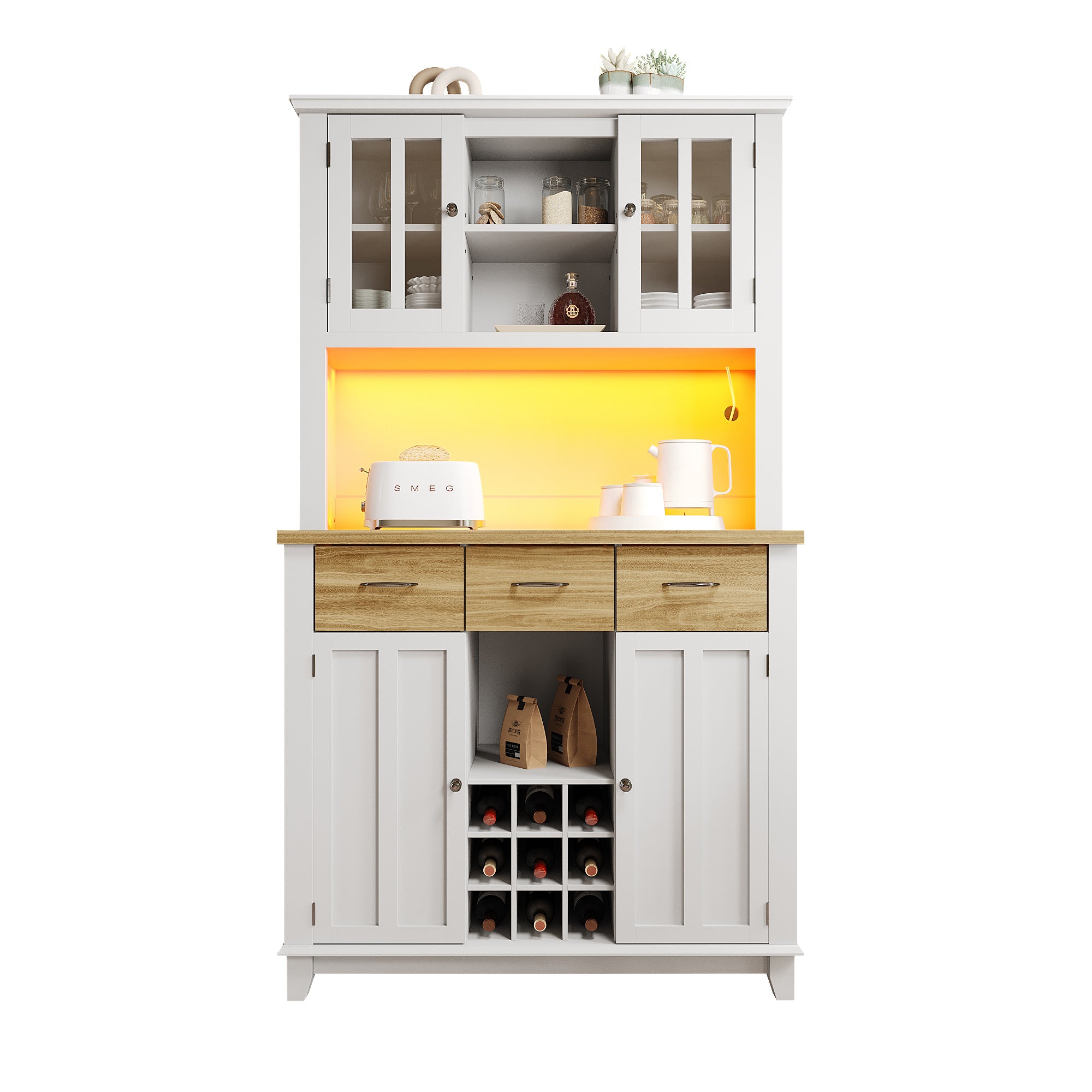 Tall Kitchen Buffet Display Cabinet Adjustable Shelves LED Lighting Wood-Colored Drawers