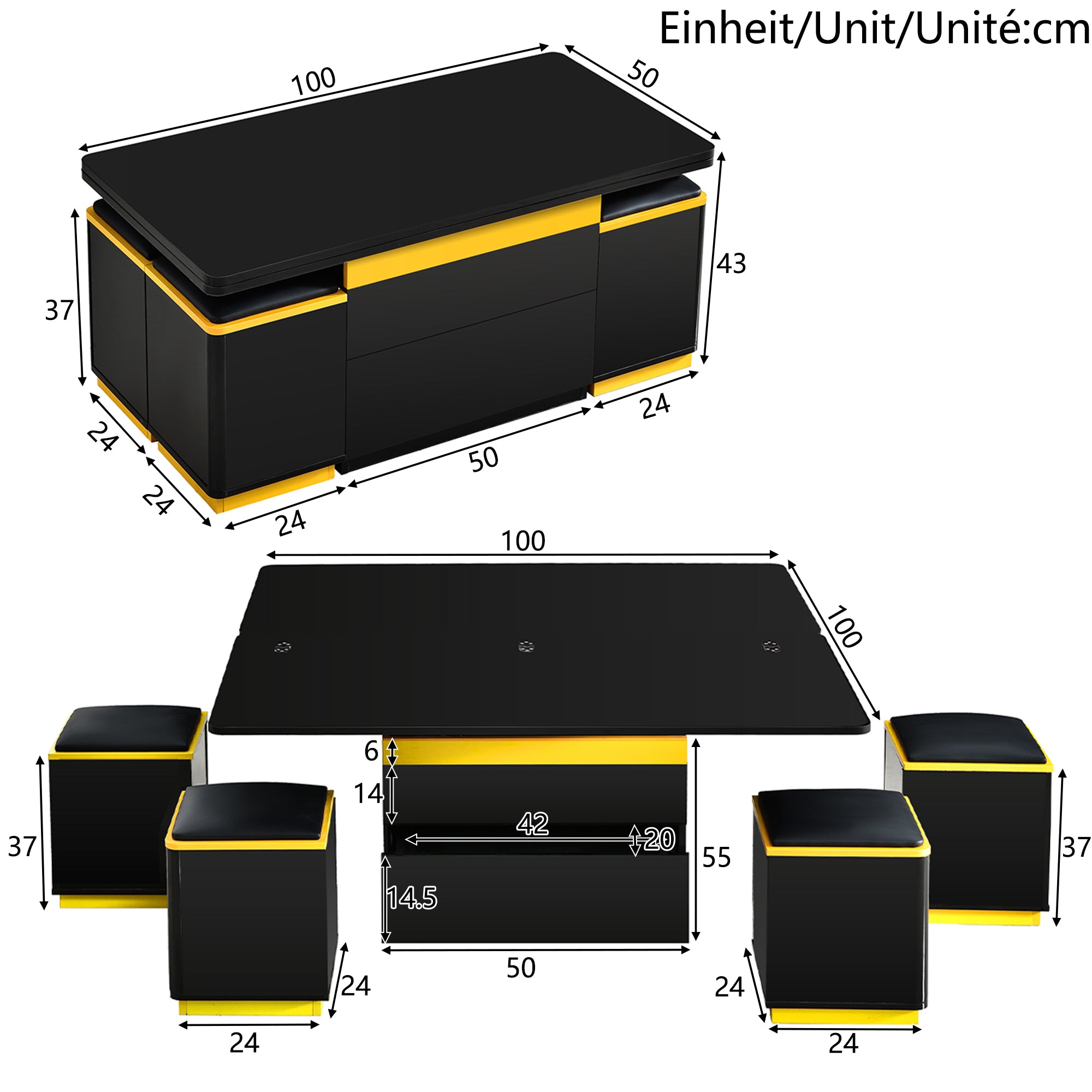 Coffee Table Multifunctional High-Gloss Height-Adjustable Foldable Dining 100x50x43cm - Black