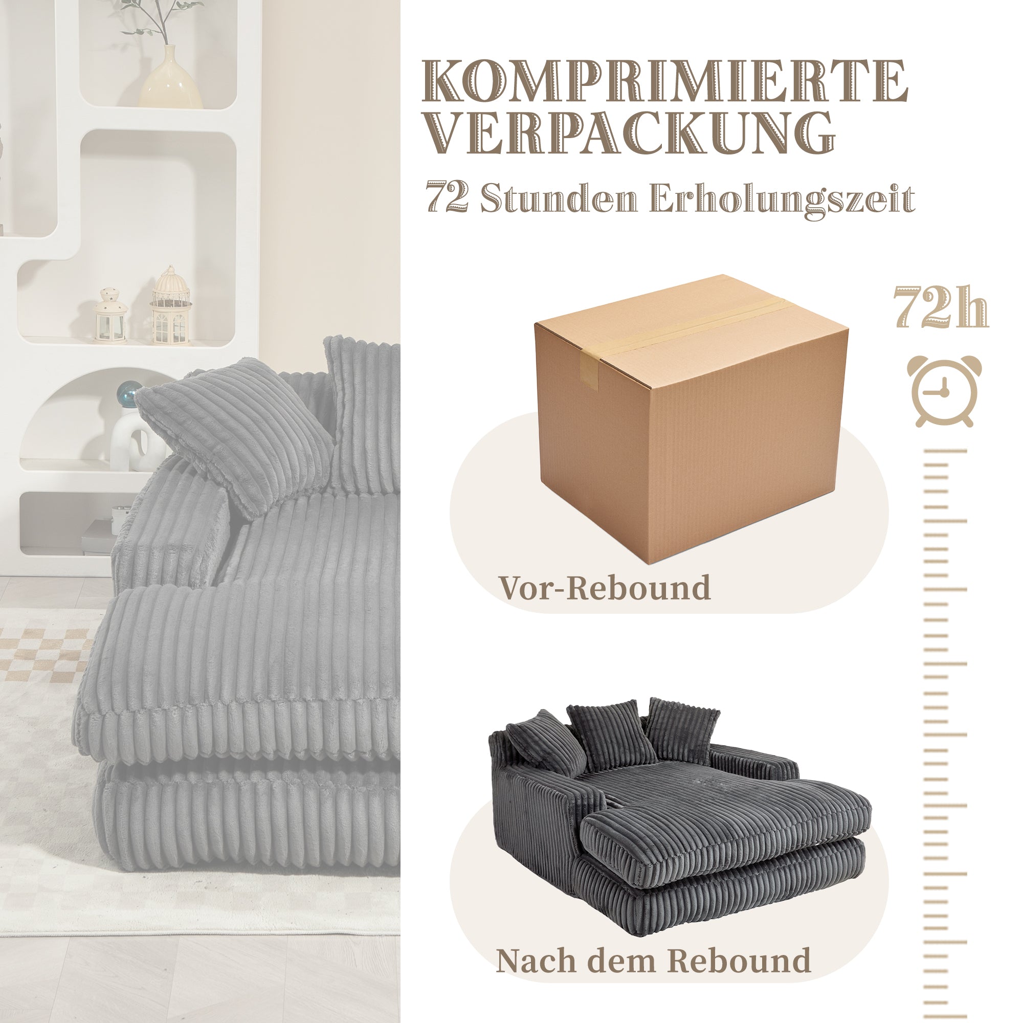 Sofa Bed, Cloud Couch with 3 Soft Pillows, Single Seat, Dark Grey Corduroy