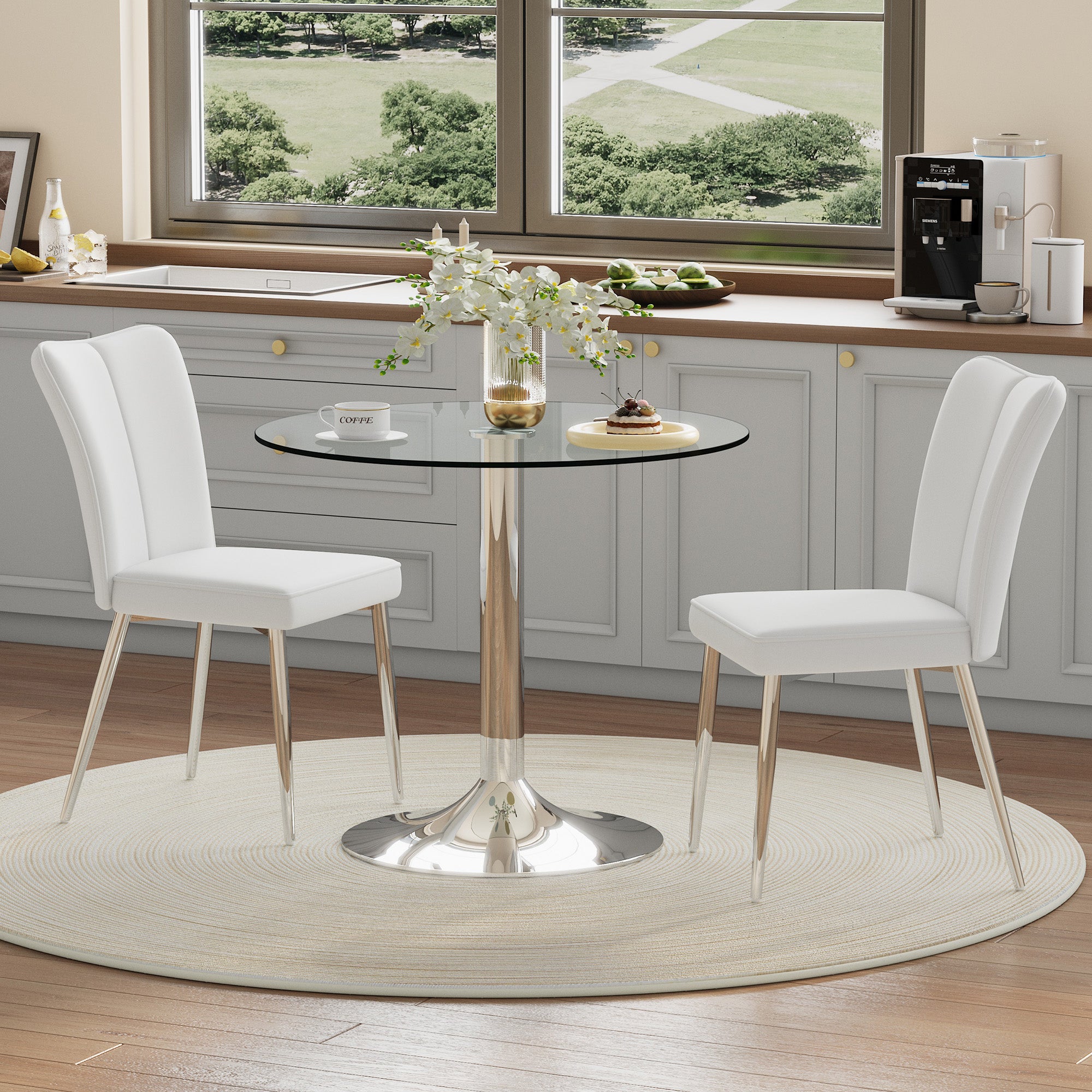 Dining Table Set, Minimalist 85cm Tempered Glass Table with 2 PU Chairs, White