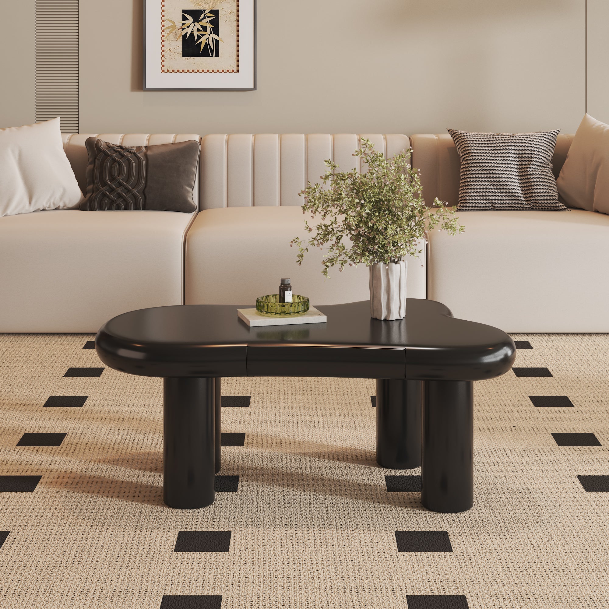 Coffee Table, Cloud-Shaped with 16-Color LED & Drawer, Black MDF