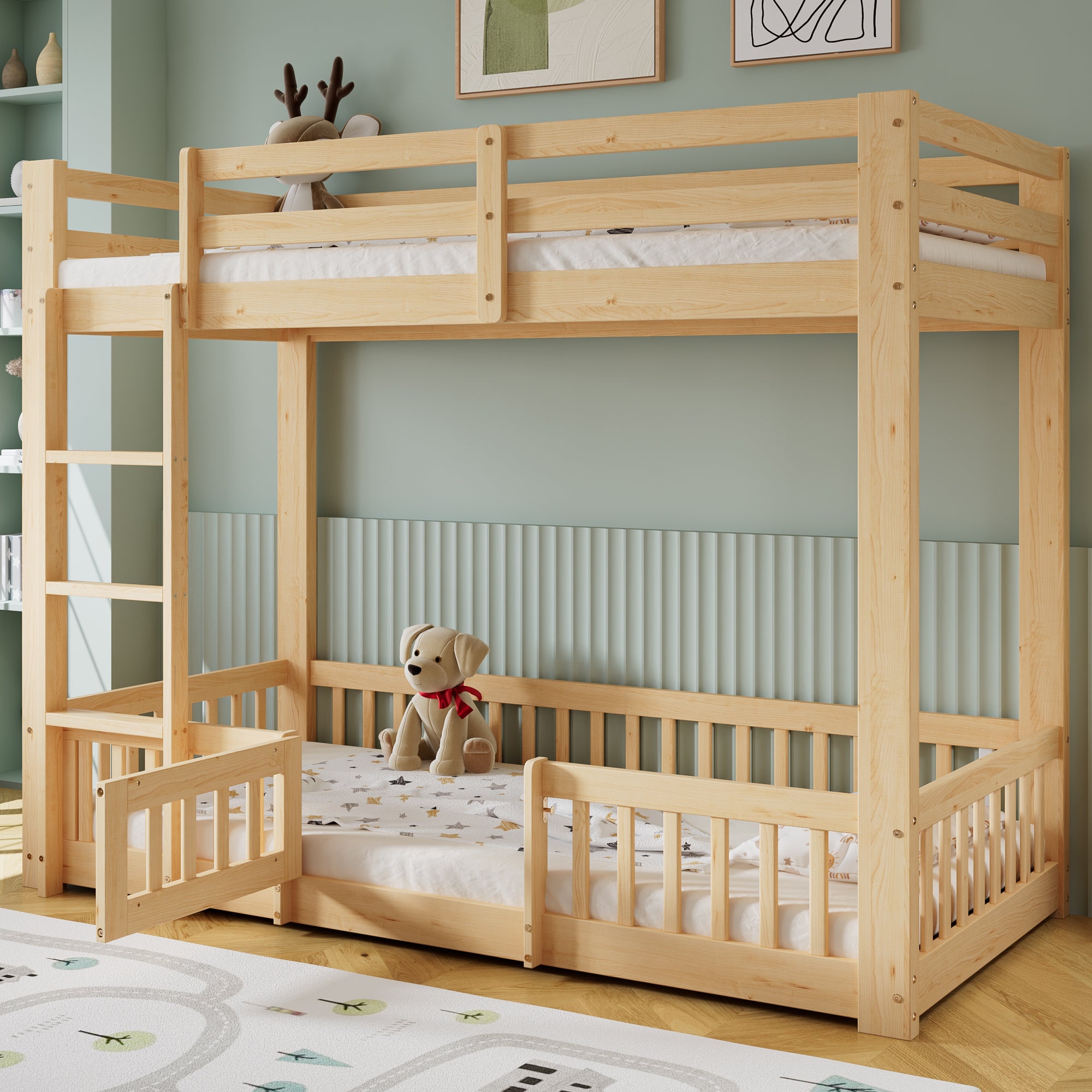 Bunk Bed, Wooden with Stairs, Railing, Fall Protection, Pine