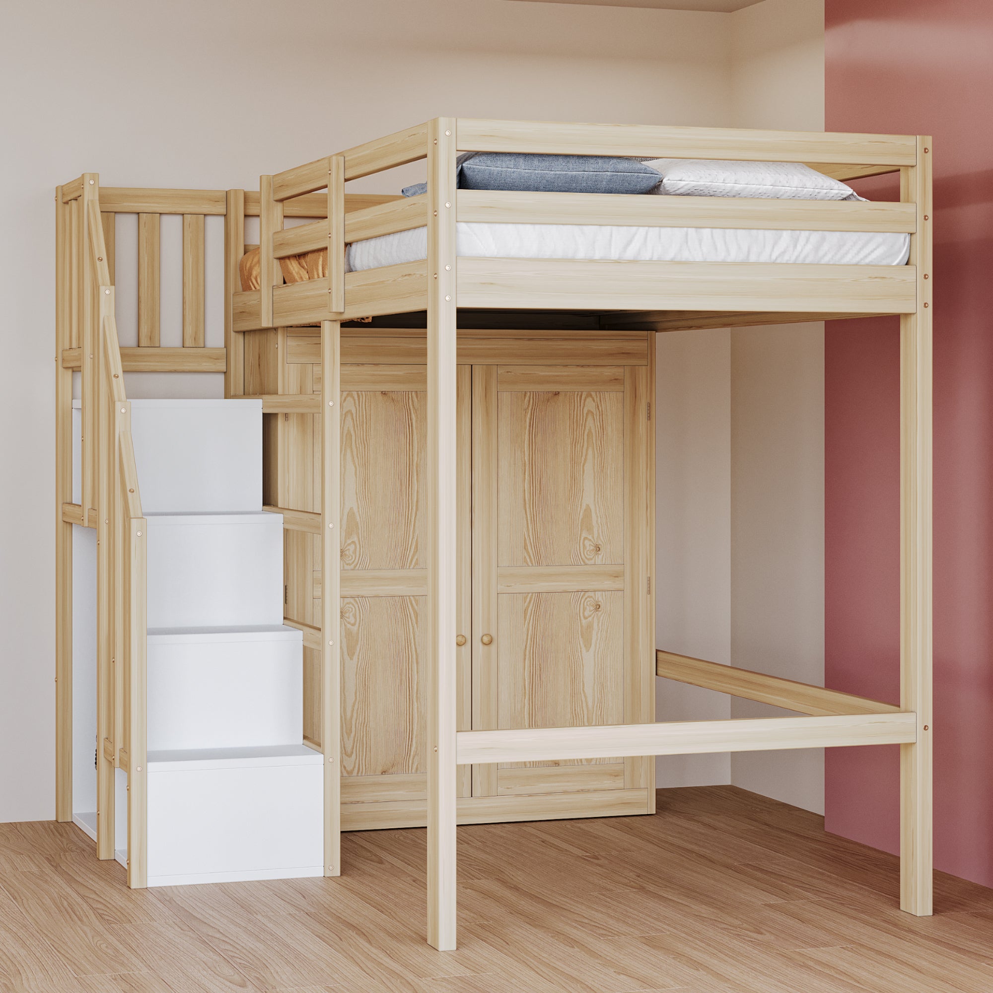 Loft Bed 90x200cm Storage Ladder Wardrobe Solid Wood, Original Wood Color