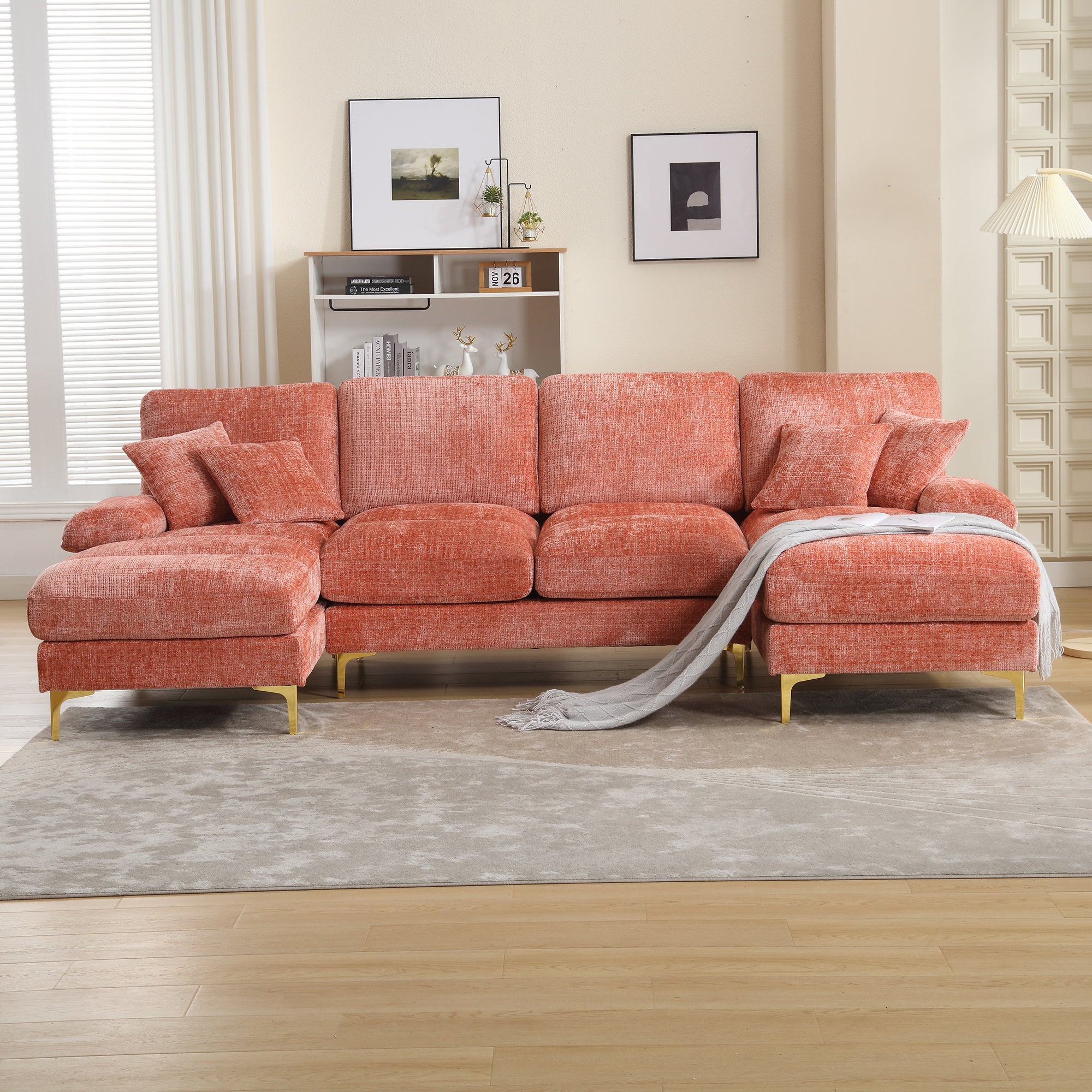 U-Shape Sectional Sofa, Large Double Reclining Seats, Chenille Pink