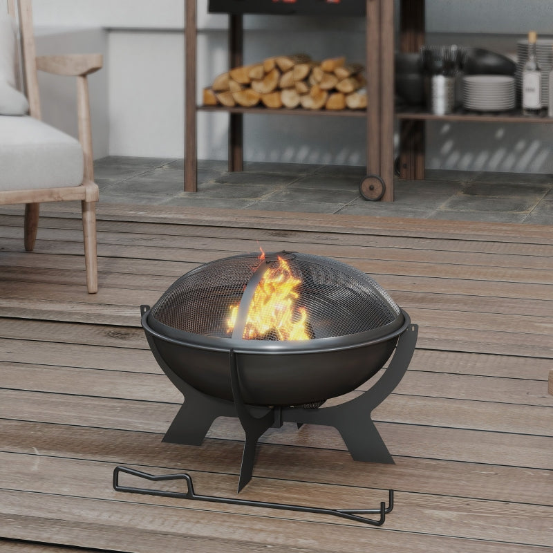 Fire Bowl 54x39cm Round Fire Pit with Spark Guard, Metal Black