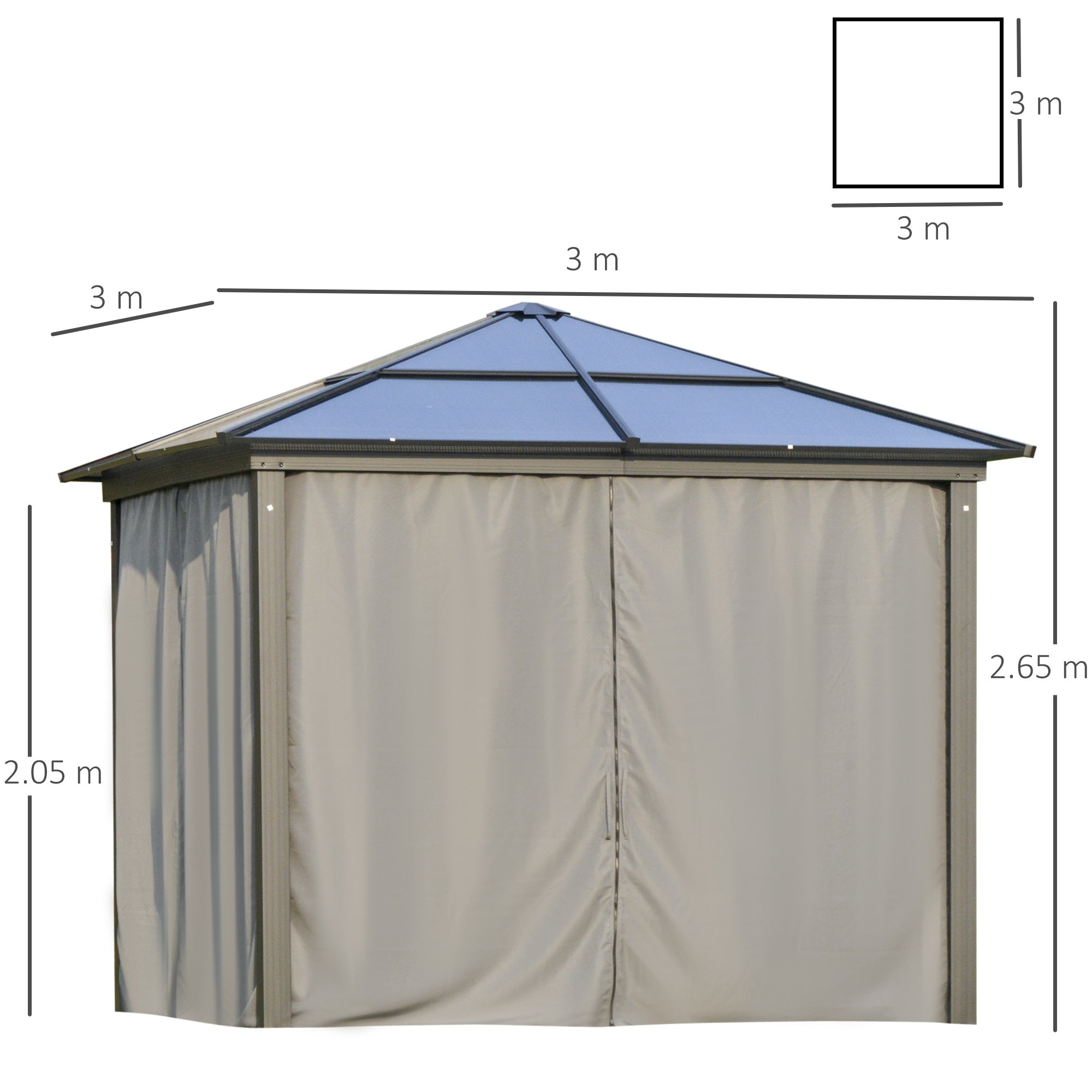 3 x 3m Hardtop Gazebo Canopy with Polycarbonate Roof & Netting/Curtains, Aluminium Frame, Dark Grey