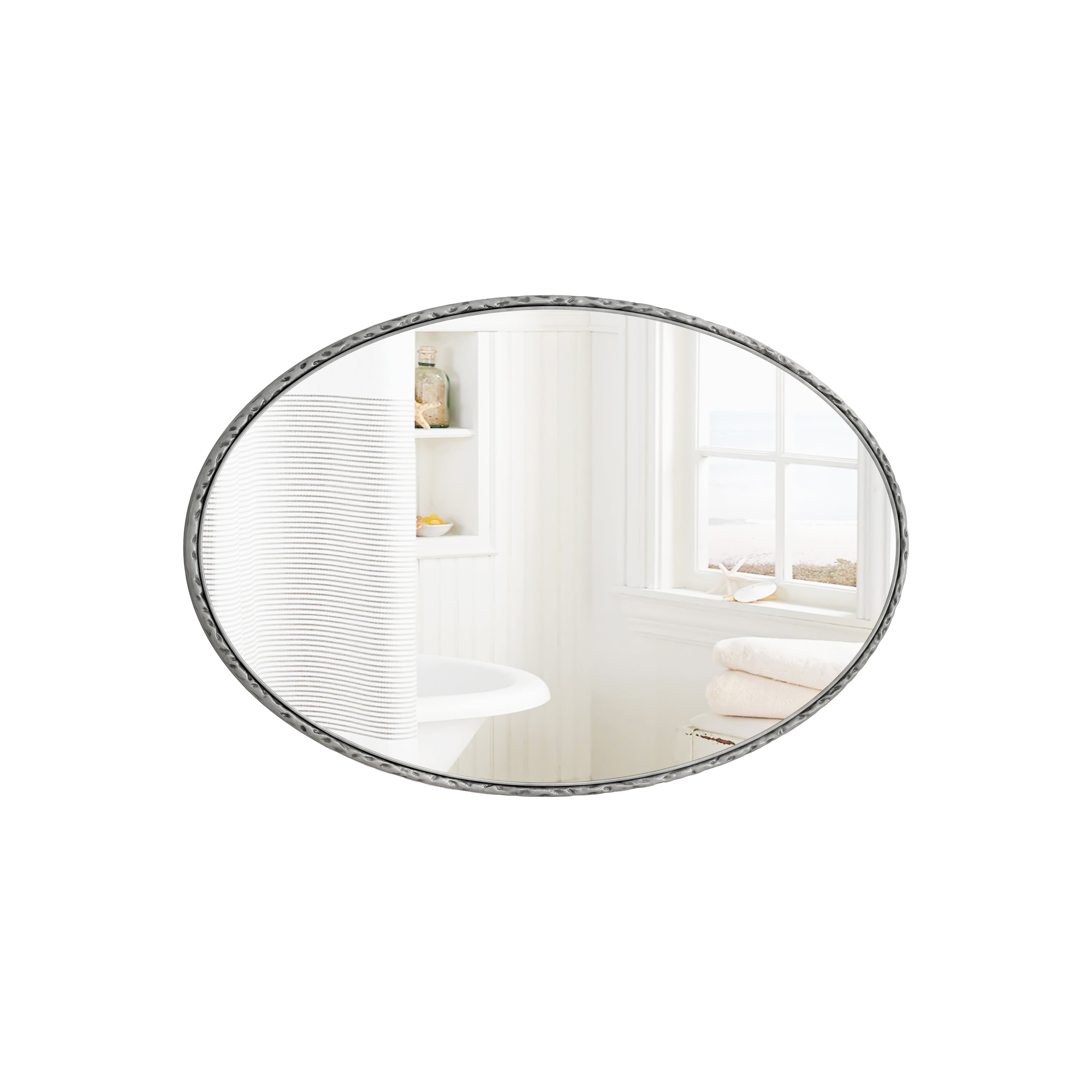 Iron Art Oval Mirror, Wall Hanging, Antique Effect, Silver