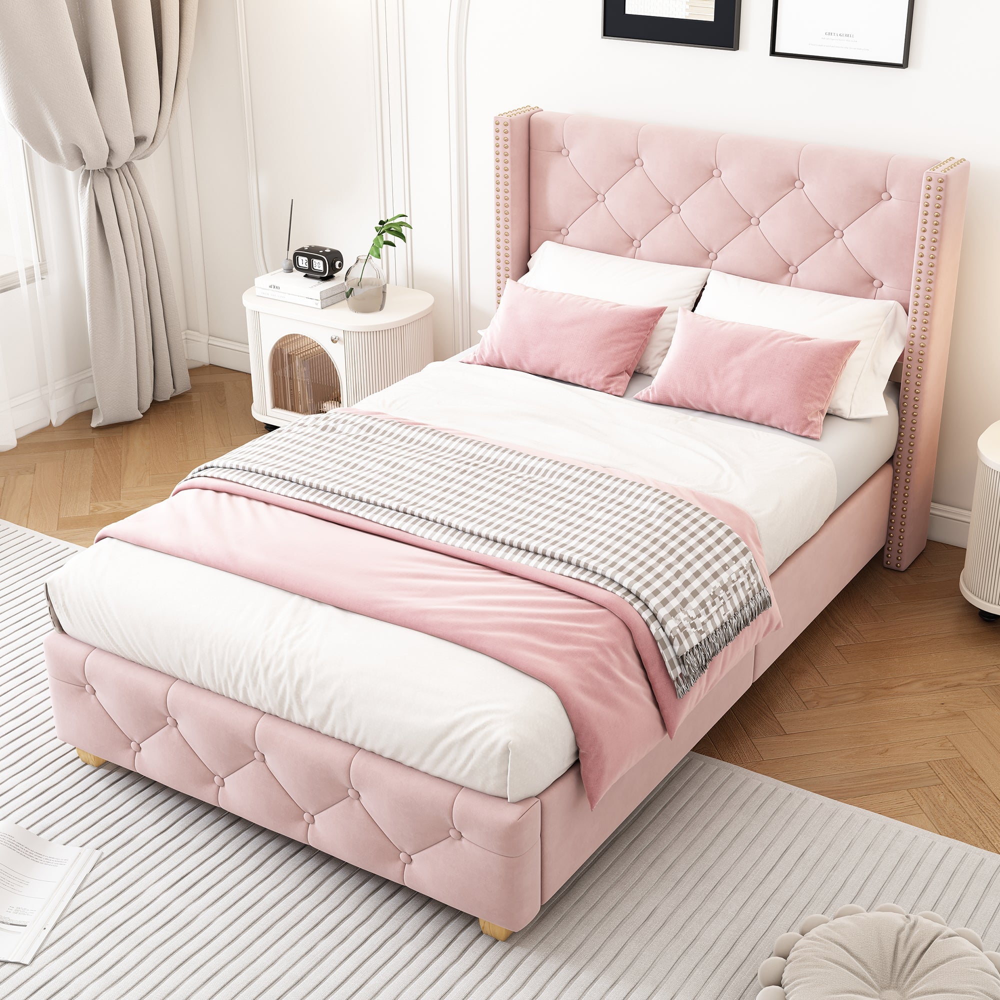 Upholstered Bed, Single Bed-3ft(90*190cm) with Slatted Frame and Headboard, Button Upholstery, Rivet Upholstery, Wooden Legs, Velvet, Pink