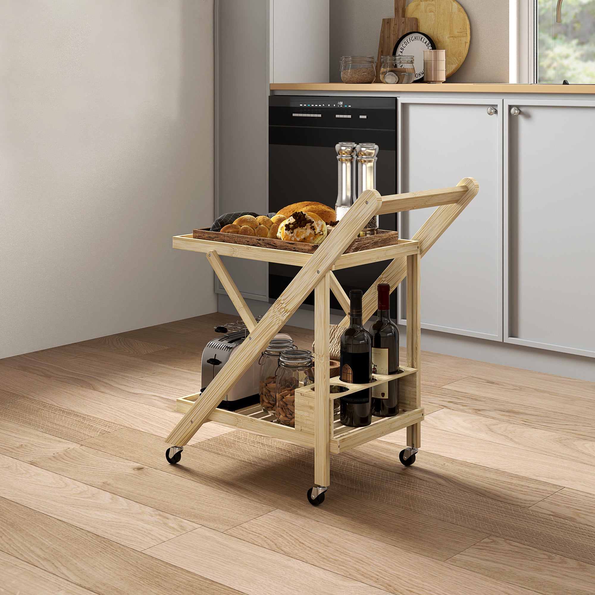 Kitchen Cart with Wine Rack, 2-Level Rolling, Bamboo Natural