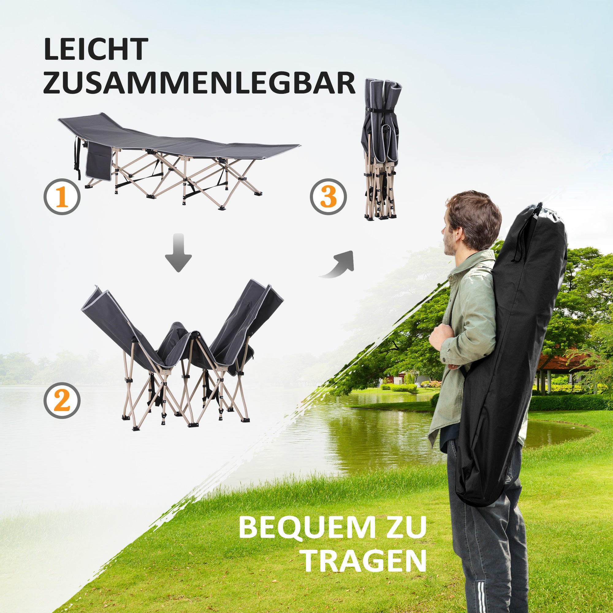 Camp Bed, Foldable Camping Lounger with Carry Bag, Steel Oxford Grey