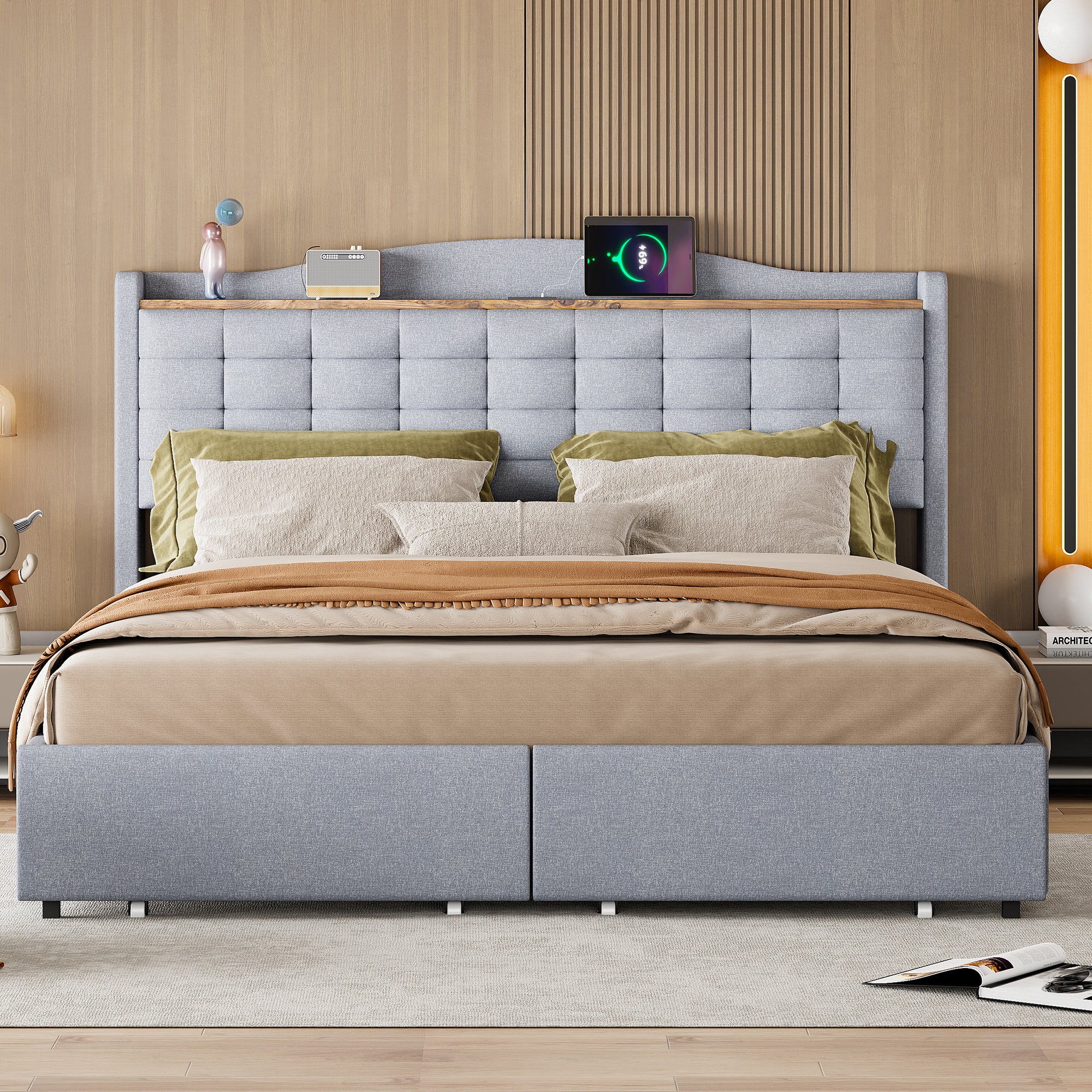 Upholstered Bed 160x200cm, USB Charging, 4-Drawer, Linen Fabric Gray