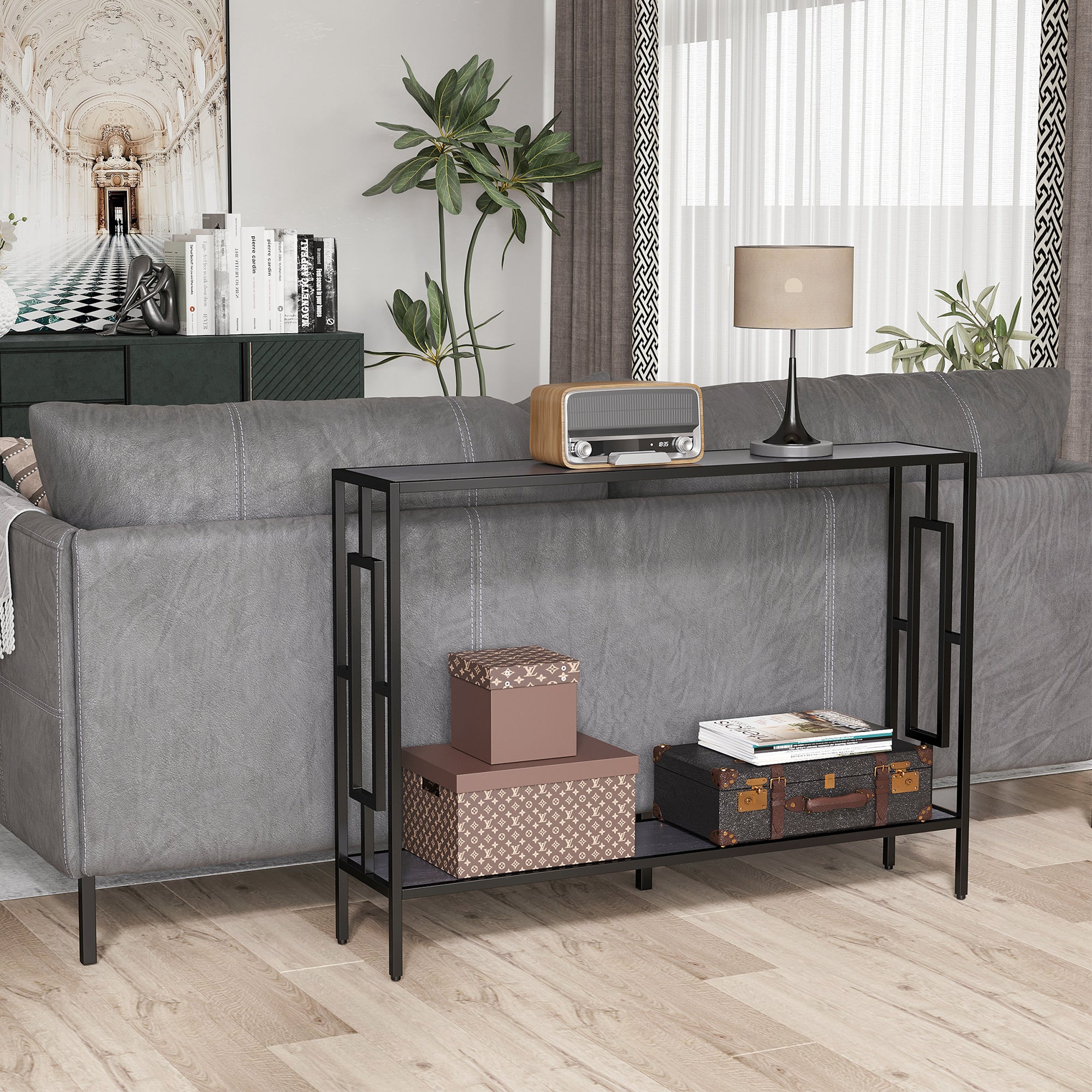 Industrial Console Table, Storage Shelf Narrow Hallway Dressing Desk Metal Frame, Grey and Black