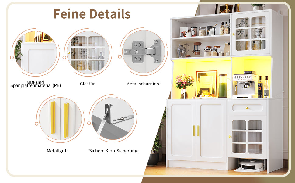 Tall Kitchen Cabinet with Glass Doors and LED Lighting, White