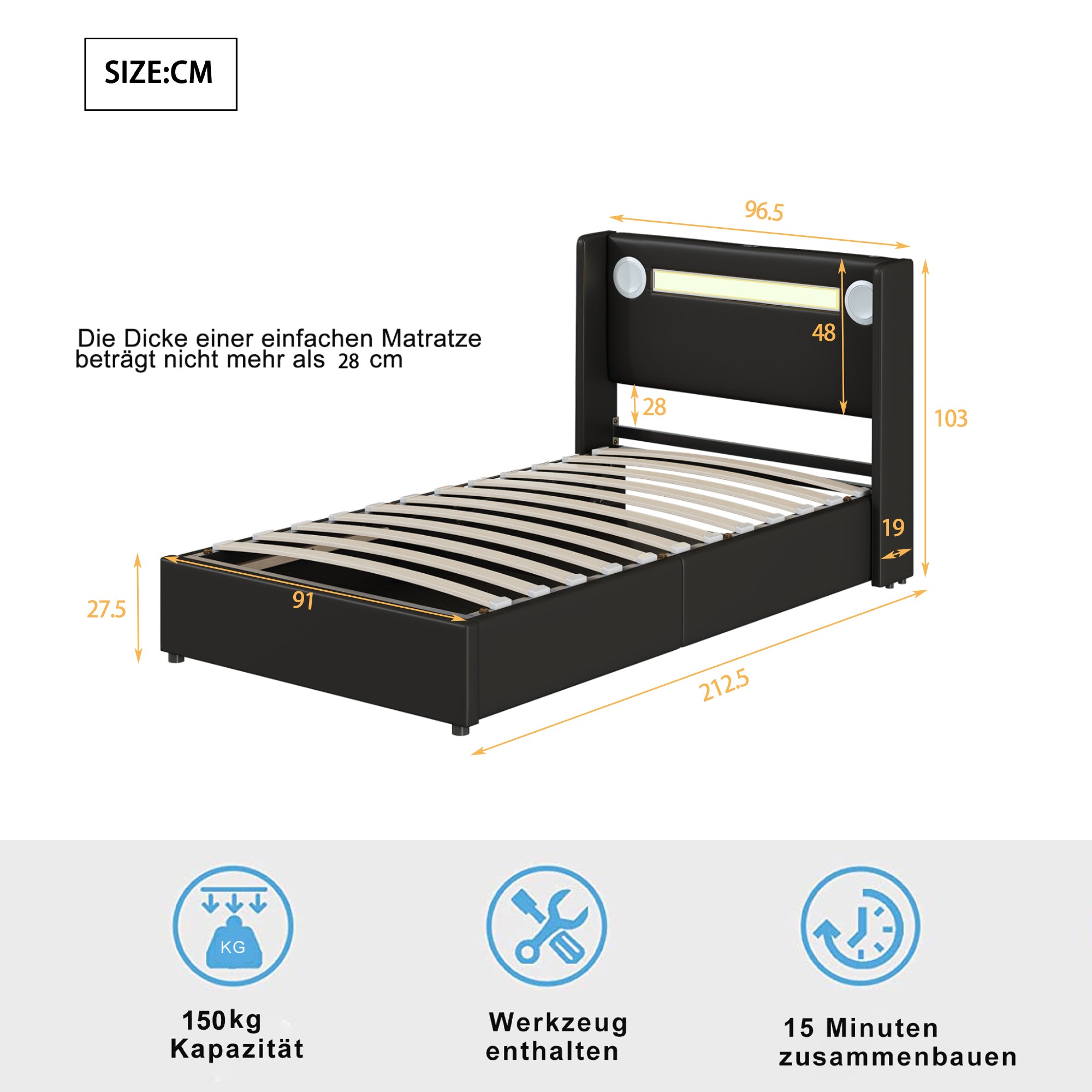 Children's Bed 90x200 with LED, Bluetooth & USB, PU Leather