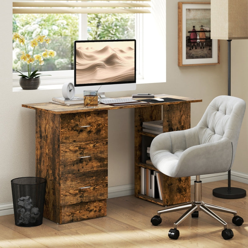 Computer Desk PC Workstation with 3 Shelves and Drawers Rustic Brown