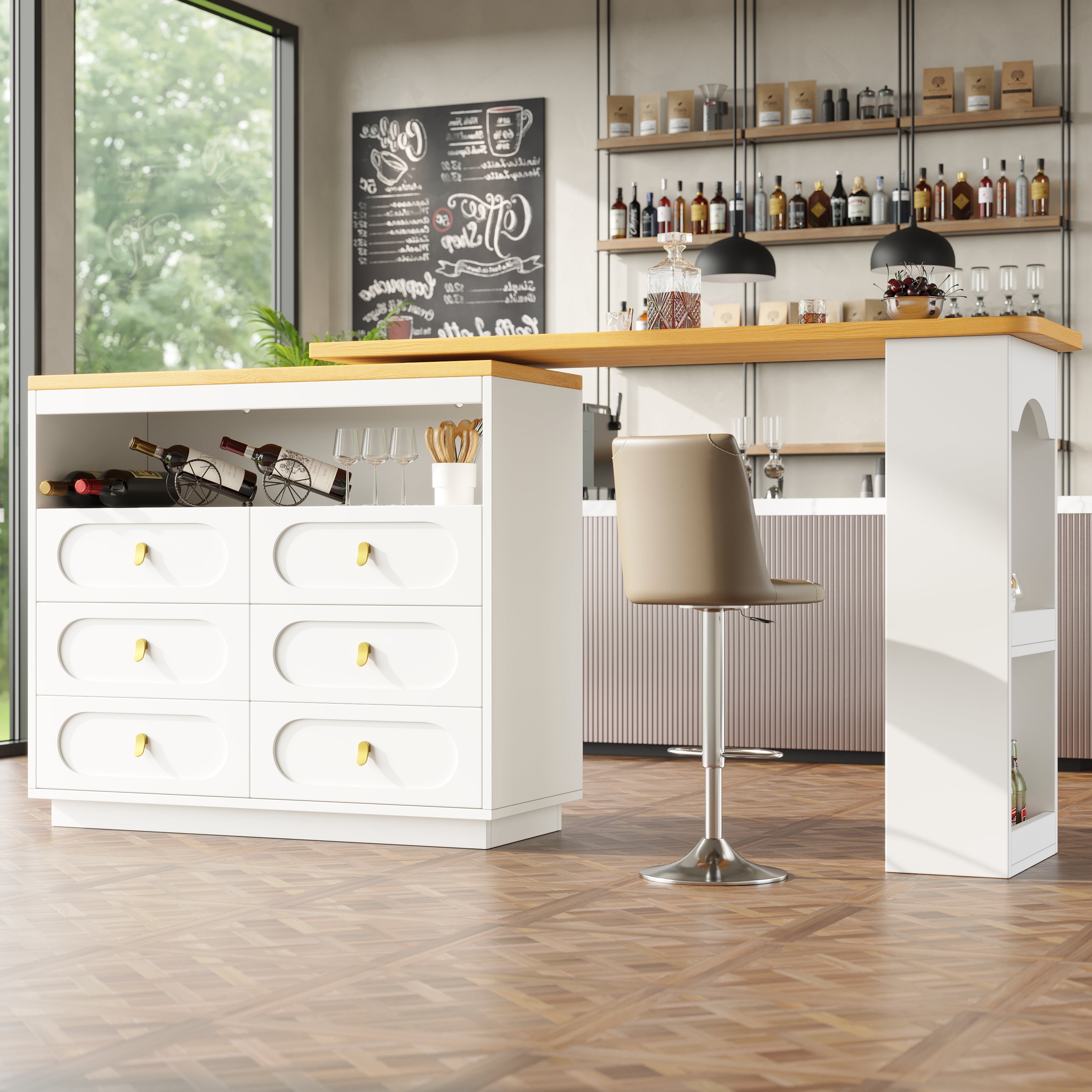 Extendable Rolling Bar Table 360° Swivel Storage Drawers - White