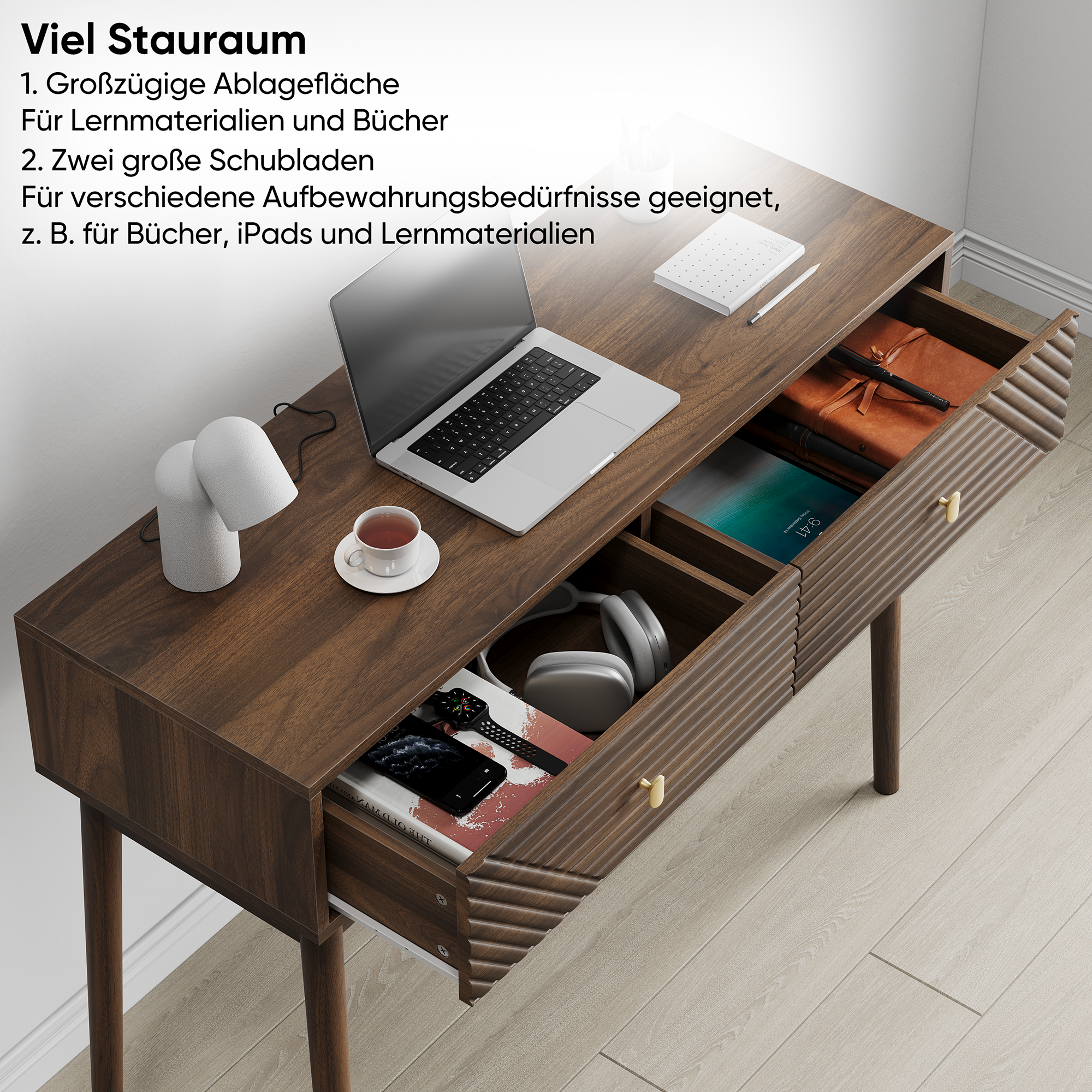 Desk, Console Table with Drawers and Open Shelves, Walnut