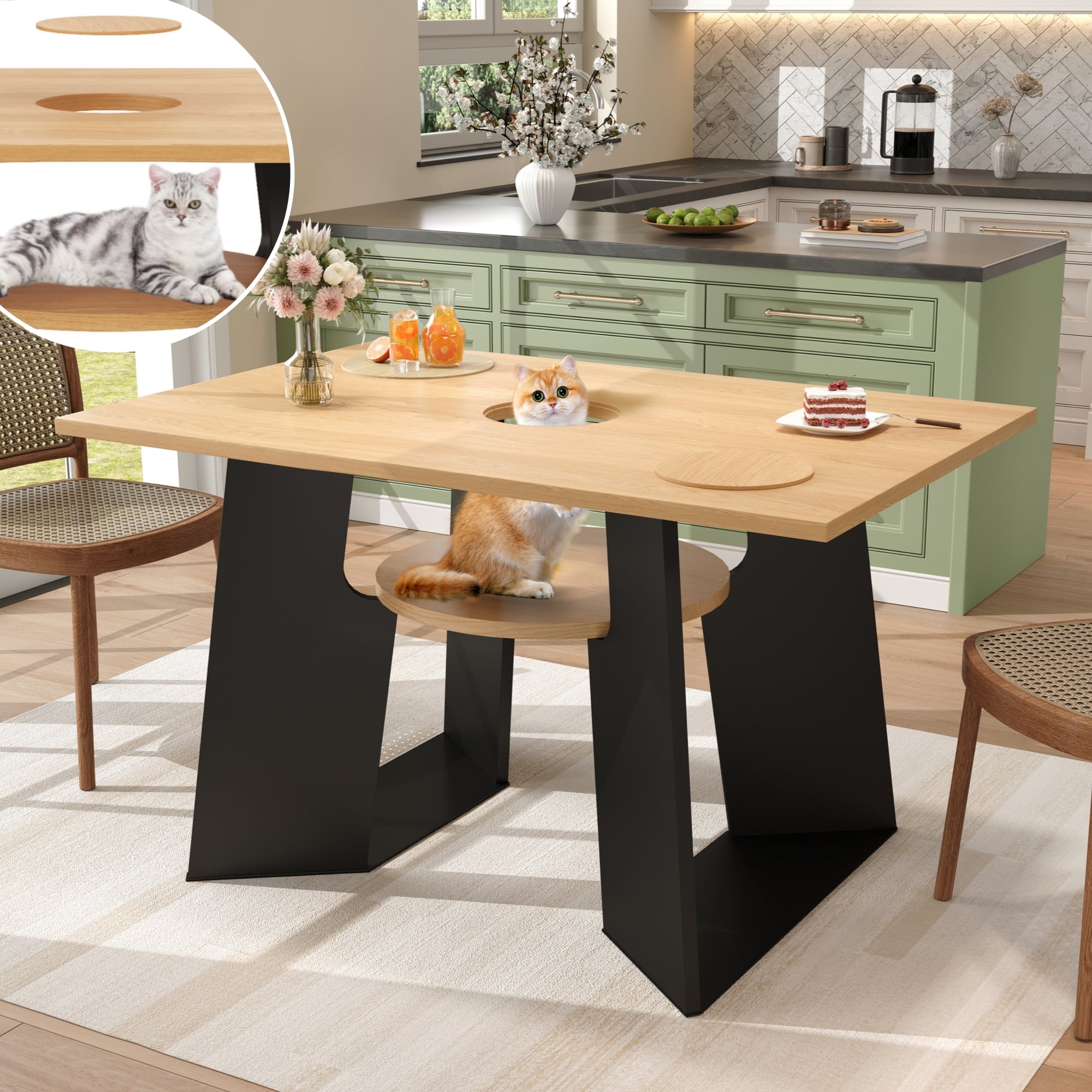 Pet-Friendly Dining Table 6 Seater Pet Area Shelf - Natural Wood/Black Mix