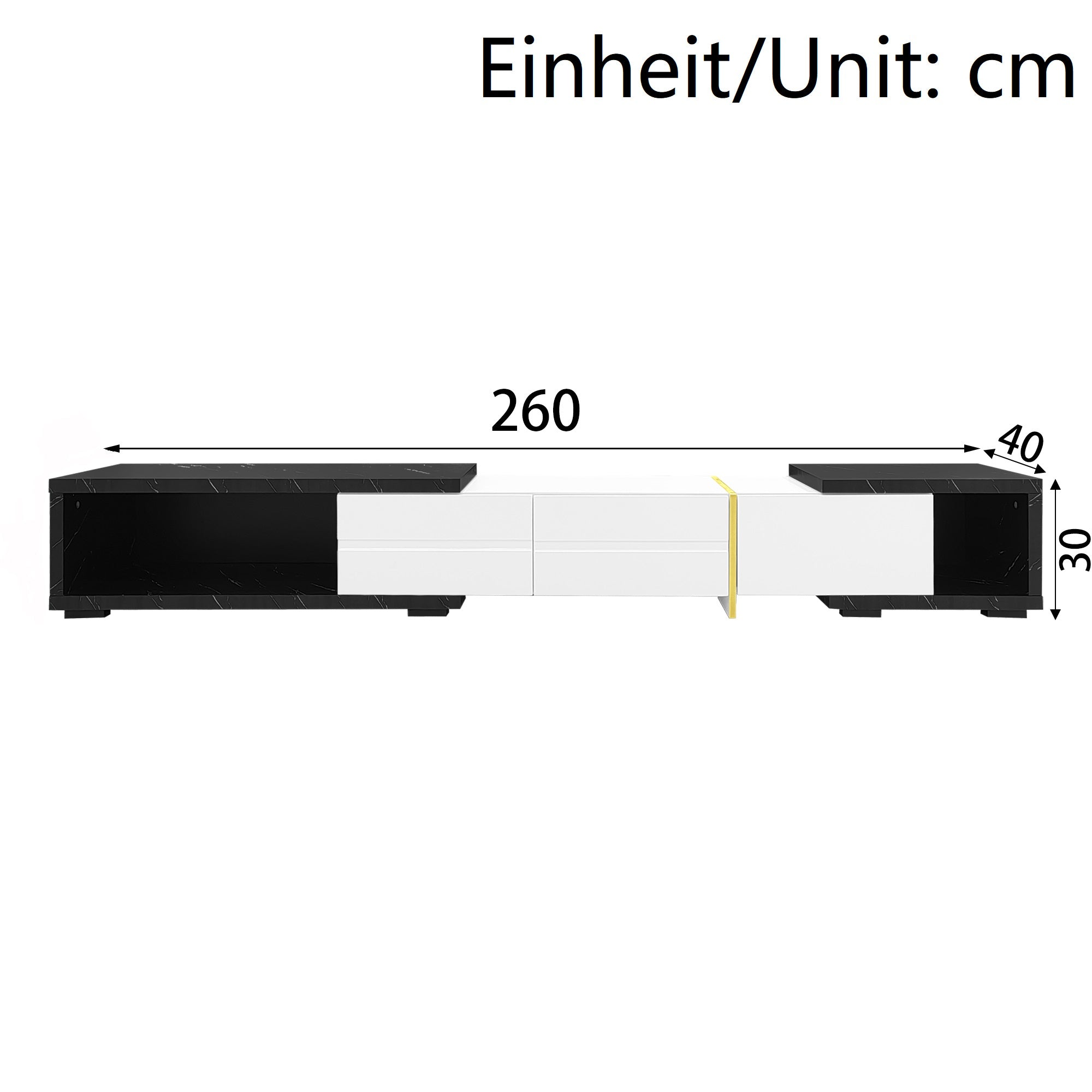 TV Cabinet, Adjustable Length (140-260 cm) Swivel, Black Marble, White High-Gloss Matte, Gold Trim