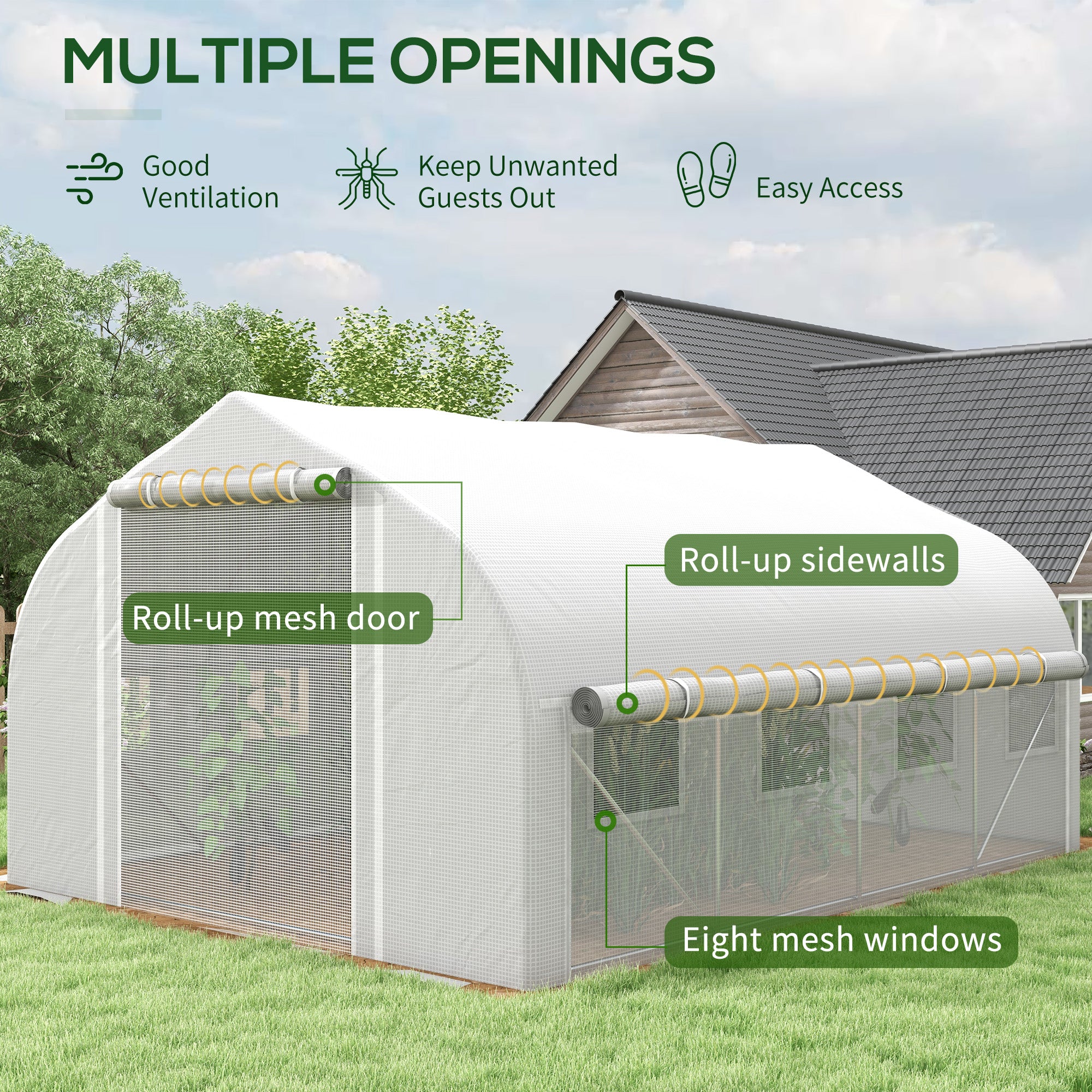 4 x 3m Walk-in Polytunnel Greenhouse, Zipped Roll Up Sidewalls, Mesh Door, 8 Mesh Windows, PE Cover, White