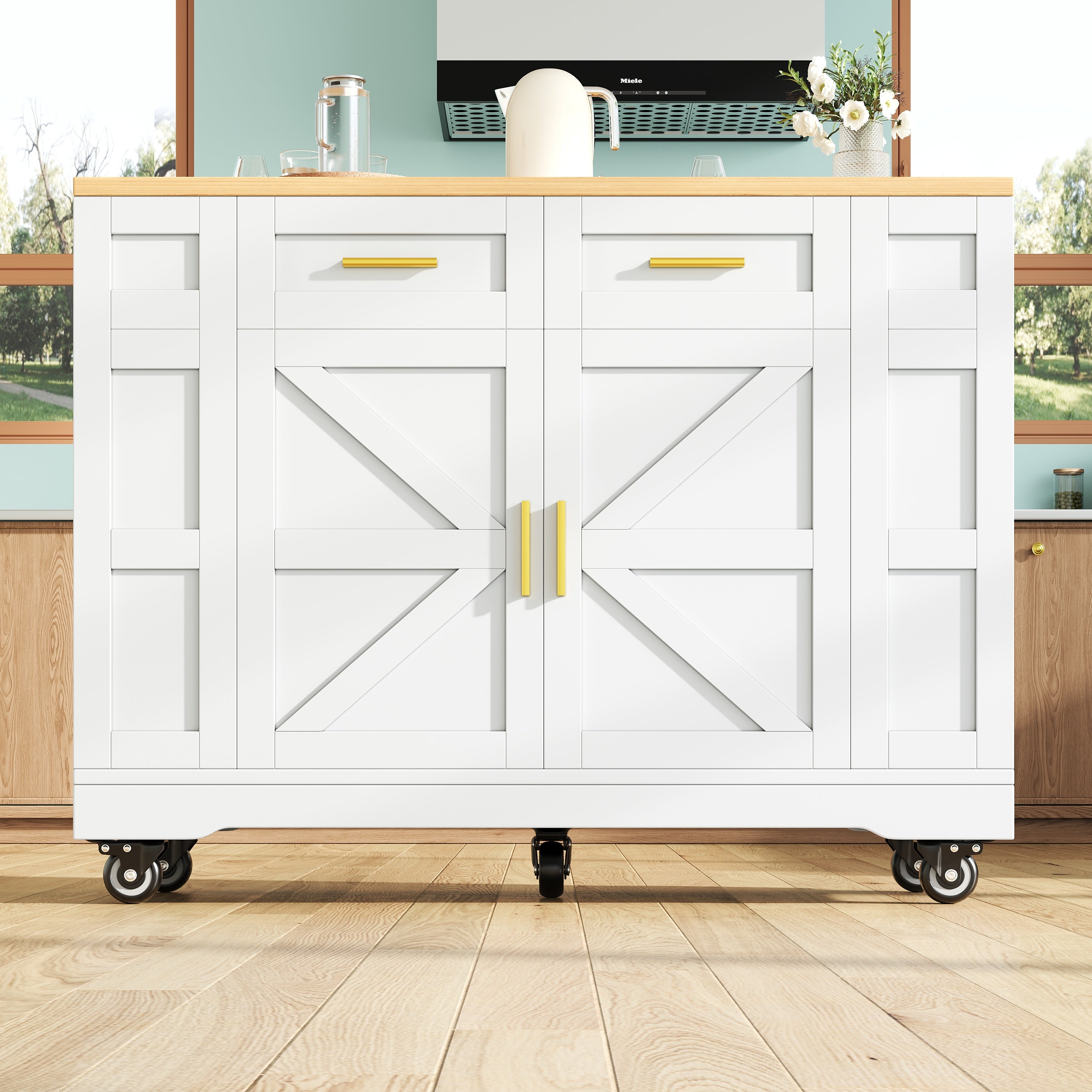 Kitchen Island Extendable Dining Table Storage Wood Grain - White