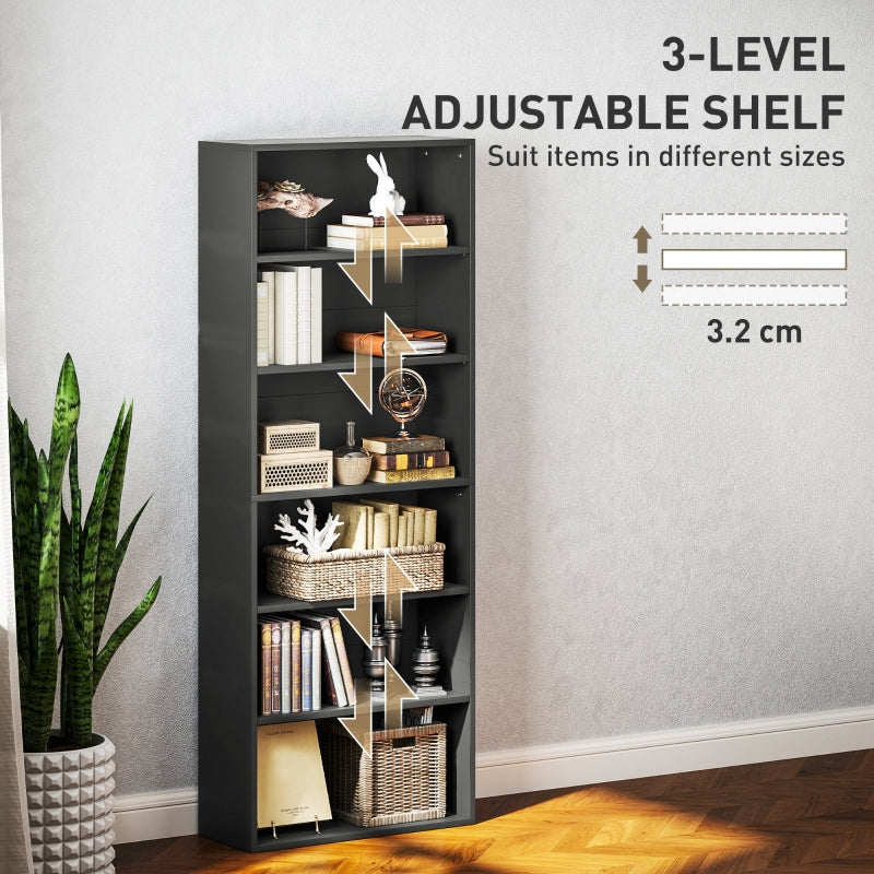 Six Shelf Bookcase, Adjustable Shelves Sturdy Particle Board, Black