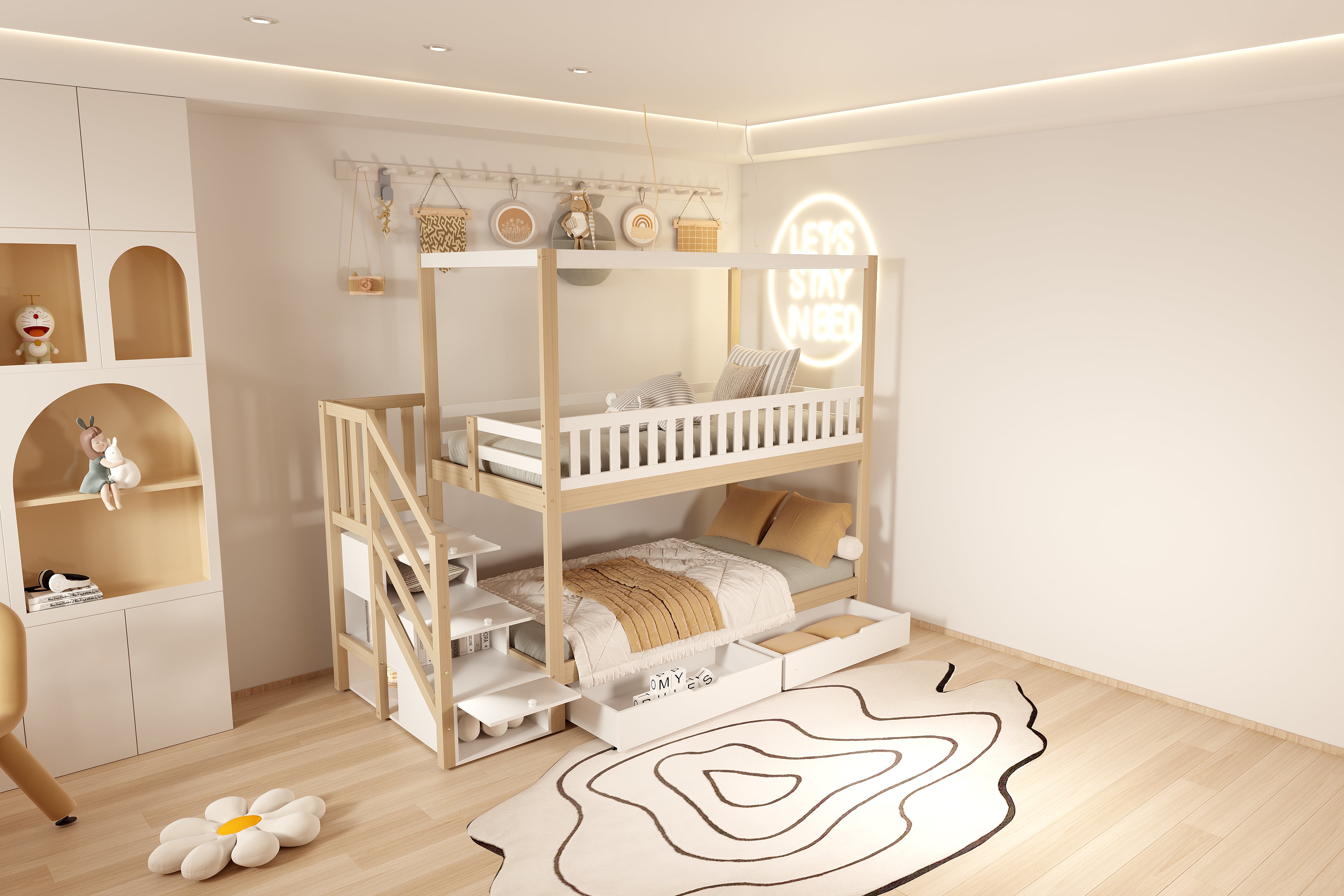 Bunk Bed, 90*200 cm House Shape, Safety Rail, Storage, and Ladder, Solid Wood White/Natural