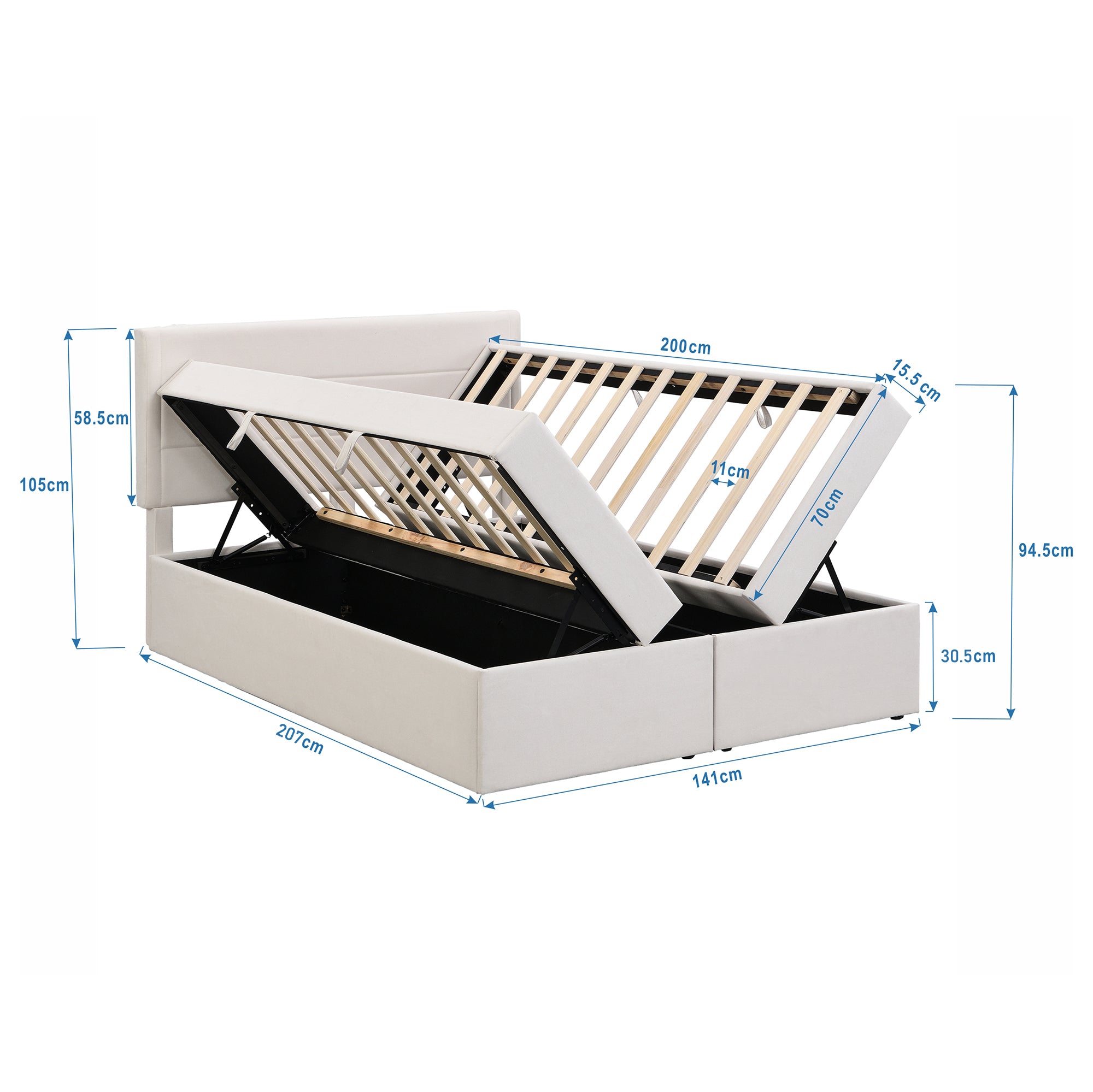 WX000503AAA Upholstered Double Bed 200x140cm, Metal Slatted Base, Large Storage, Beige