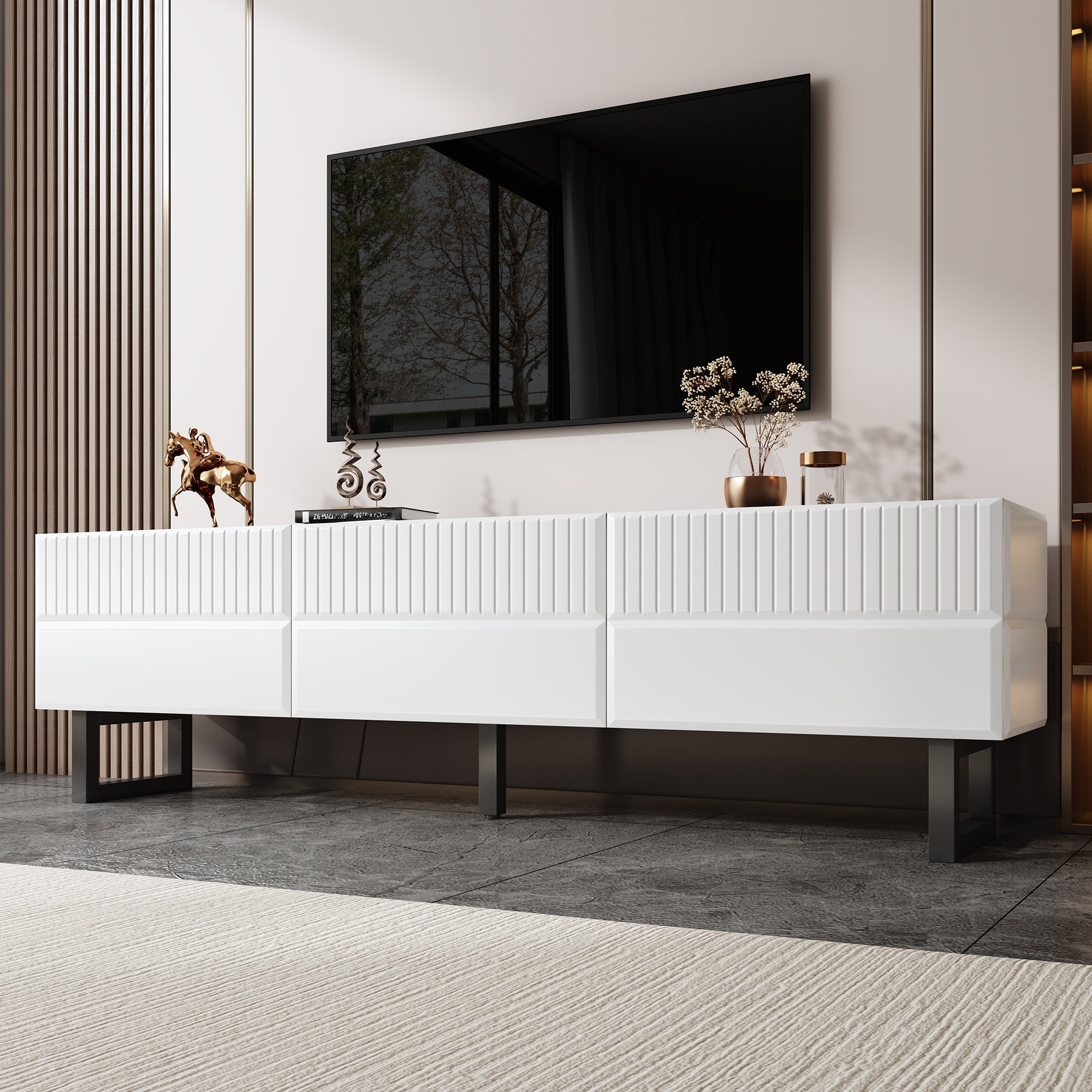 TV Stand with Three Drawers, Low TV Unit, Black and White Design