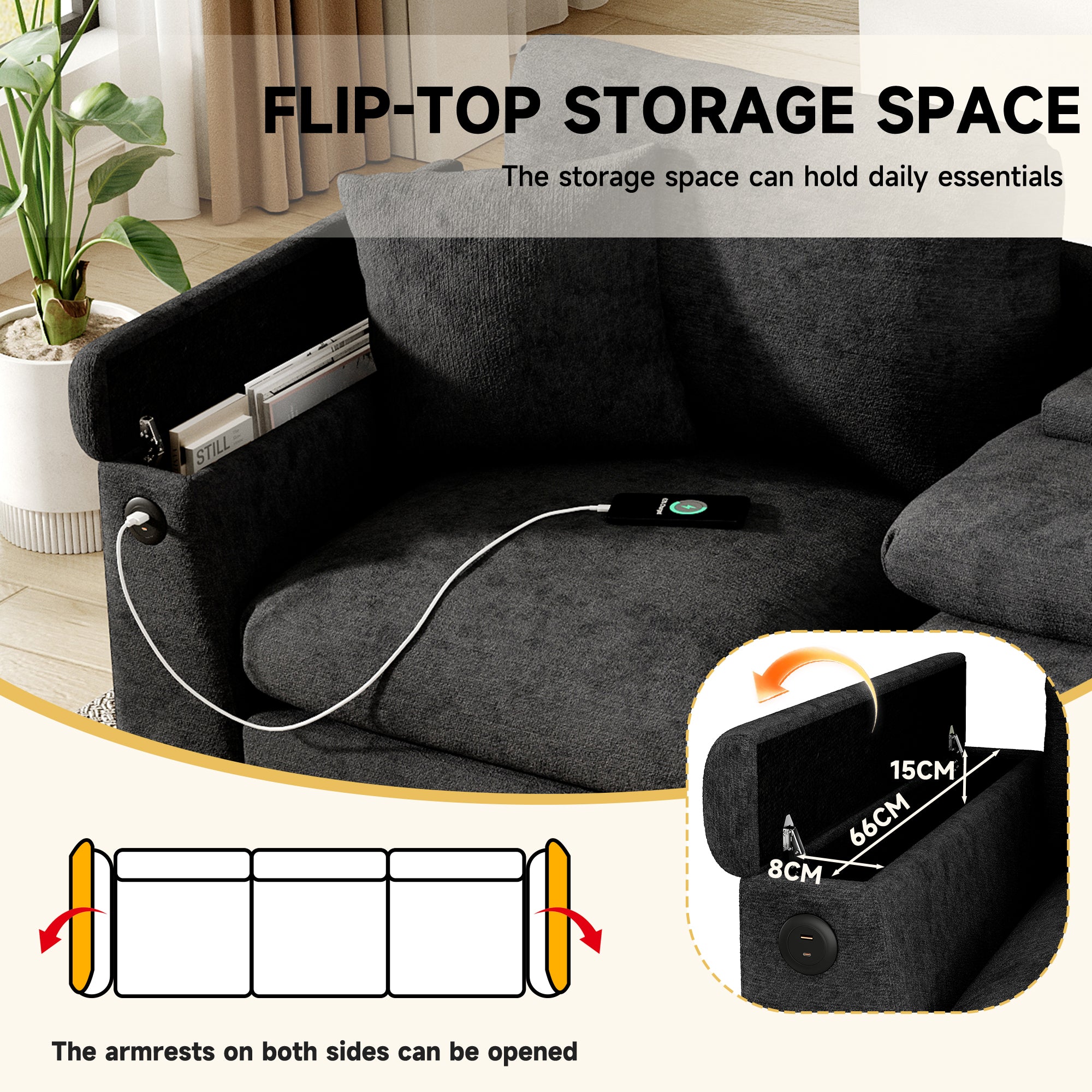 Modern Three-Seater Sofa, Multifunctional Folding Table USB Storage, Chenille Fabric