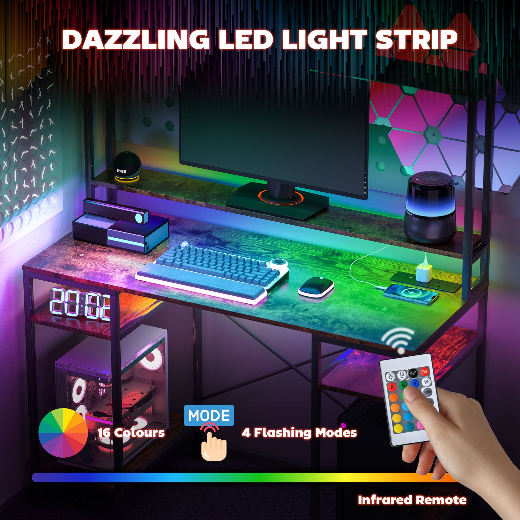 Computer Desk with Power Outlets, LED Lights, Hutch, Storage Shelves, Rustic Brown