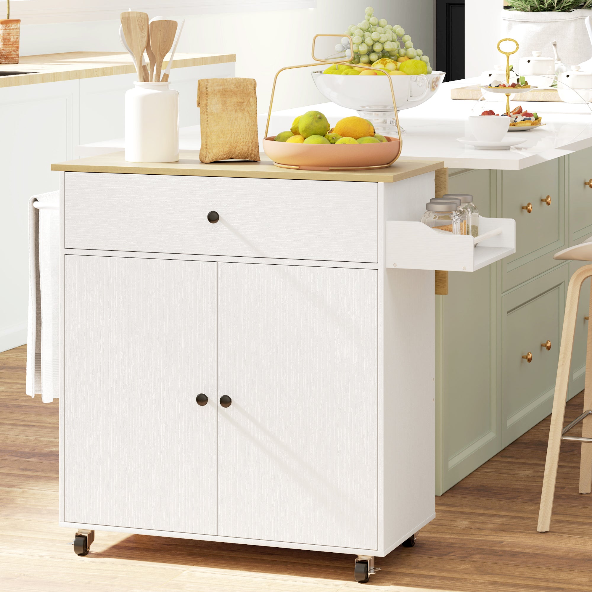Kitchen Island, Folding Worktop & Storage, White