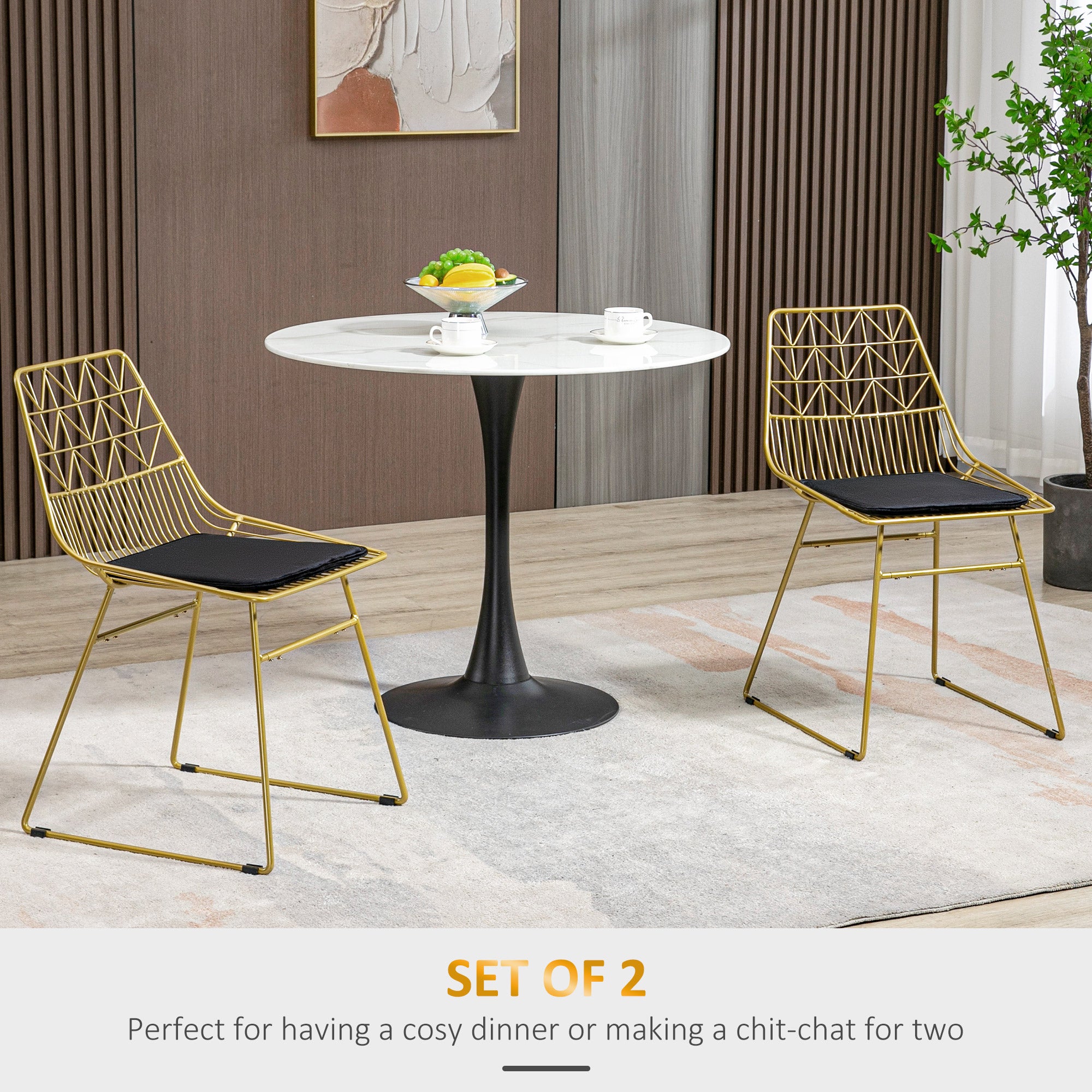 Luxurious Dining Chairs Set of 2, Metal Wire, Removable Cushion, Cut-out Back, Gold Tone