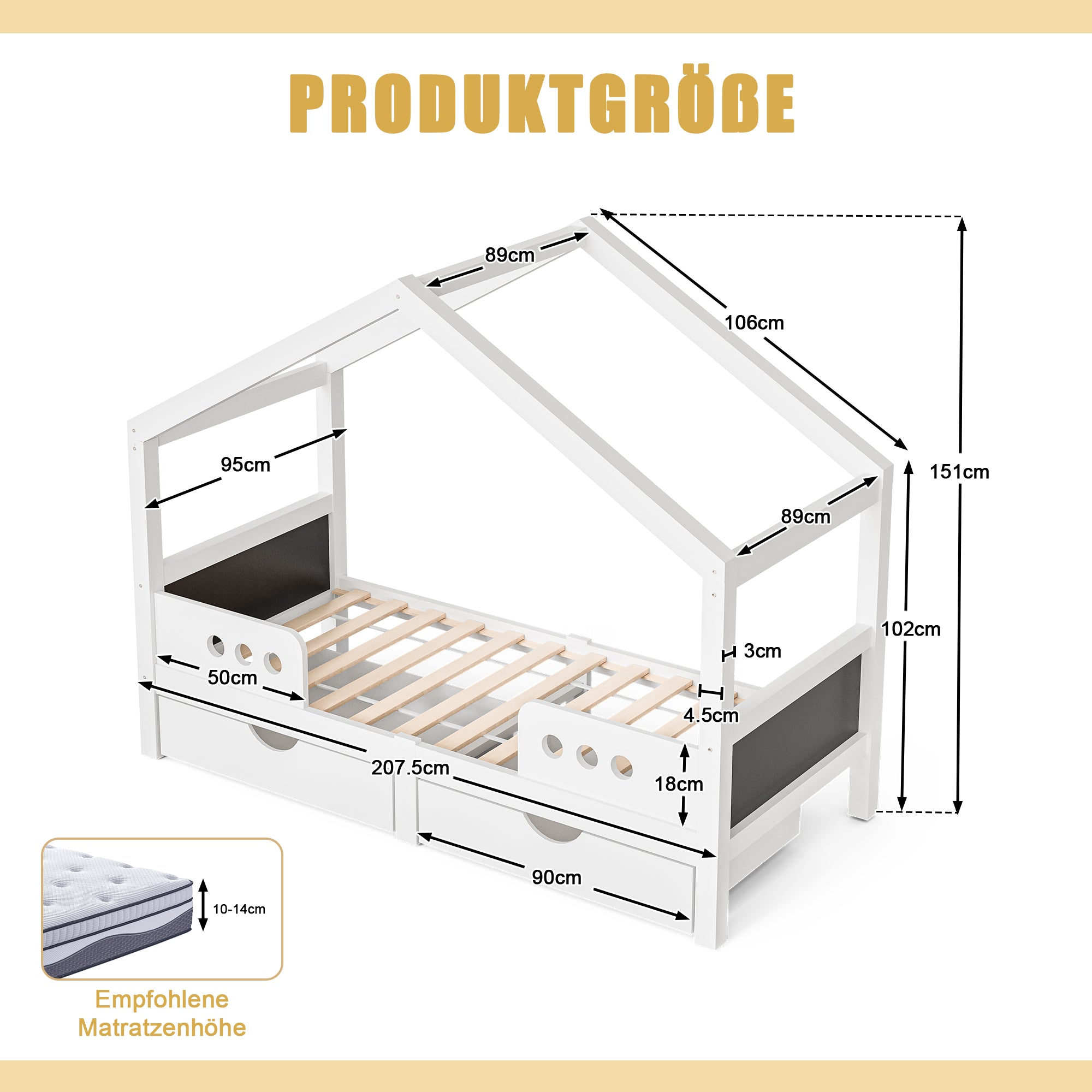Children's Bed, Roof Design with 2 Drawers, UV Varnish Wood+MDF