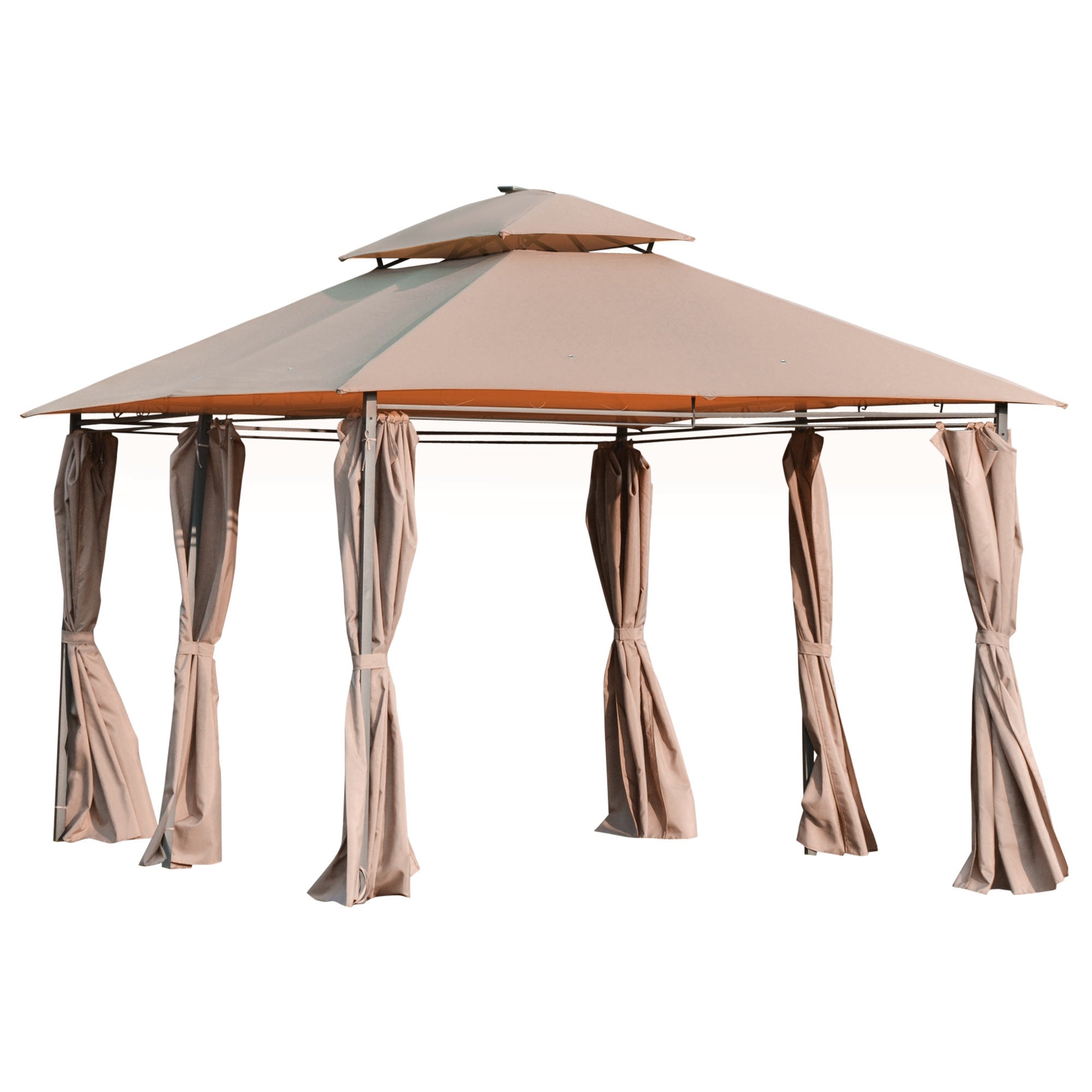 Outdoor Gazebo Canopy with LED Solar Light, Double Tier Roof, Steel Frame, Khaki