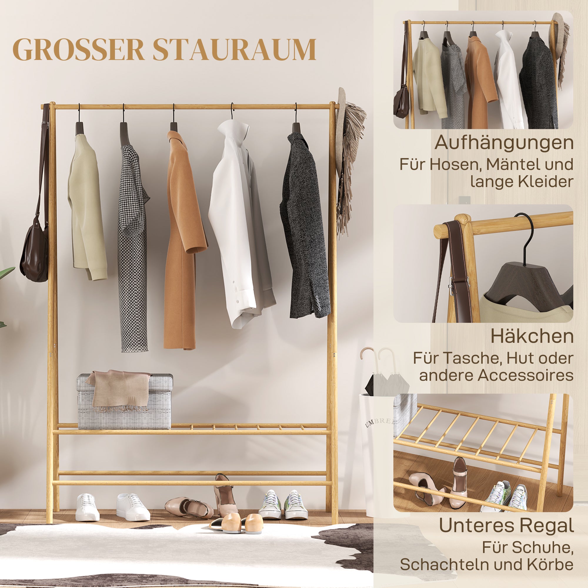 Bamboo Coat Rack, Clothes Rack with Shelves & Hooks, Natural Wood