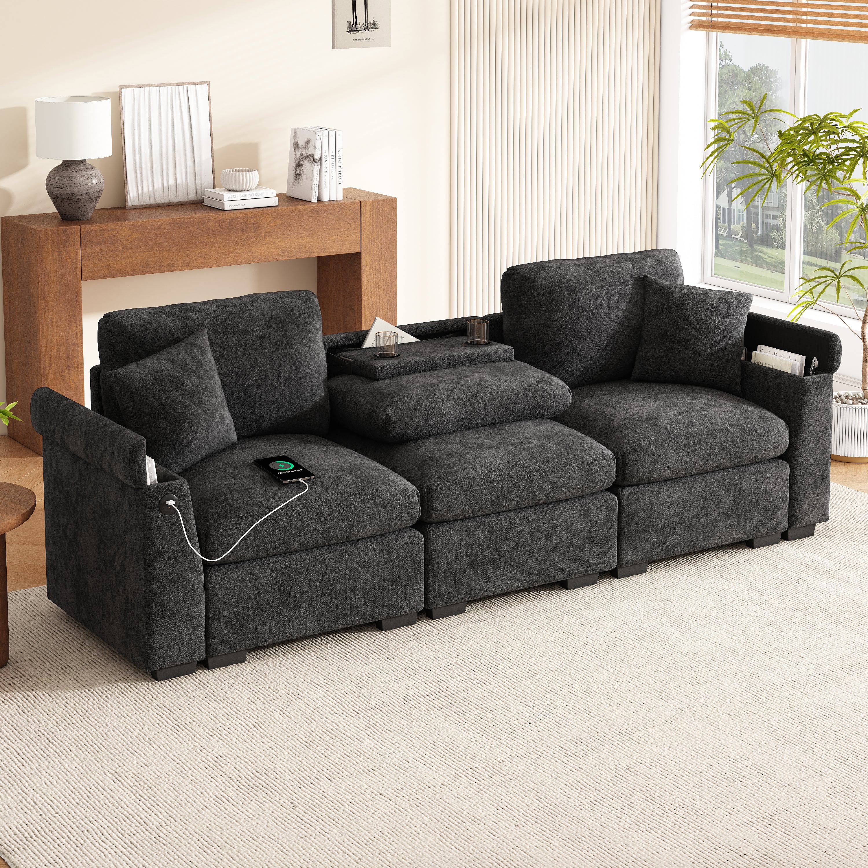 Sofa Three-Seater with Folding Table, USB, Drink Holder & Storage, Chenille