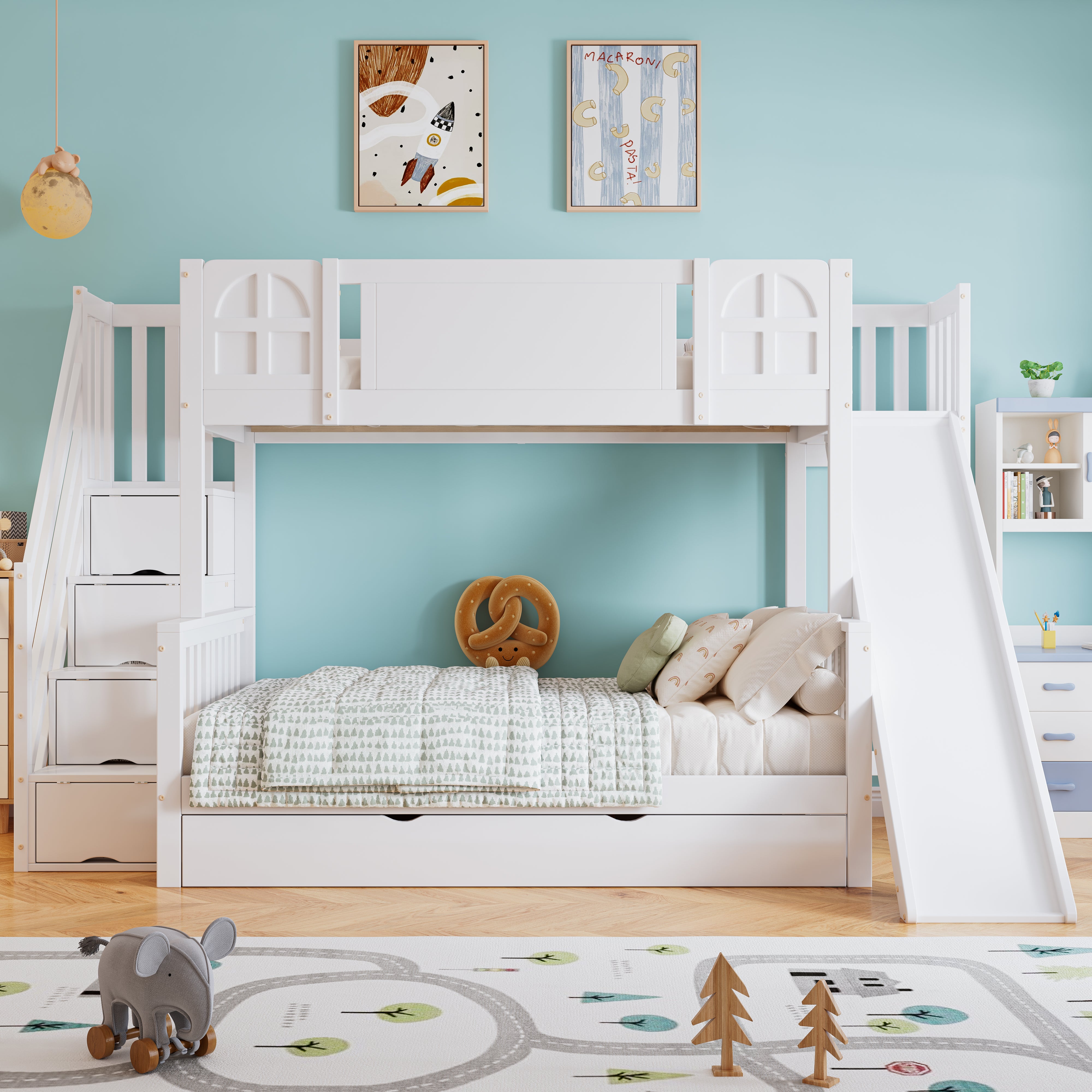 Bunk Bed, Children's with Slide, Drawers, Stairs & Lockers, Pine+MDF White