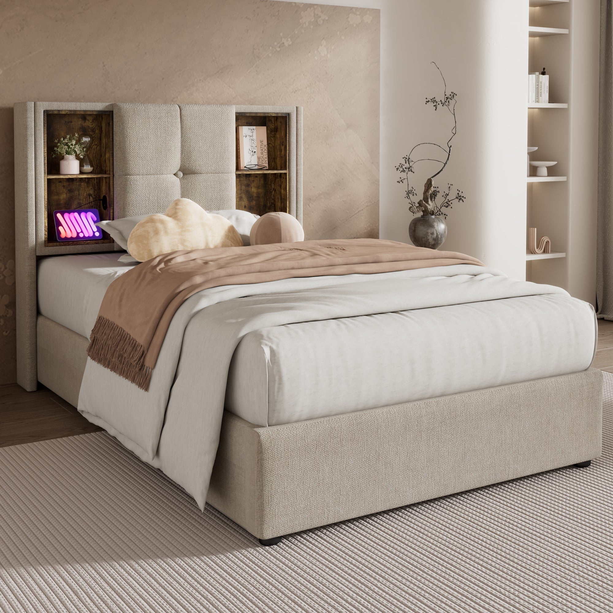 Single Bed, Wireless Charging USB C, Upholstered with Storage, 90x200cm Wood-Natural Linen
