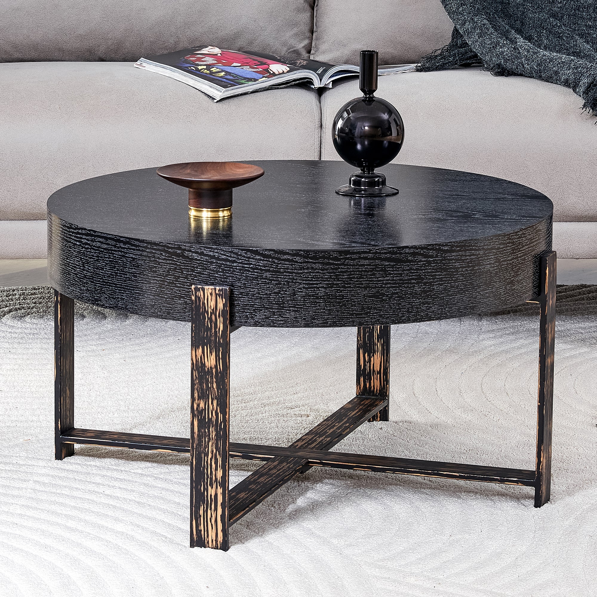 Side Table, Round Ø 68 cm, Metal Cross-legged, Black