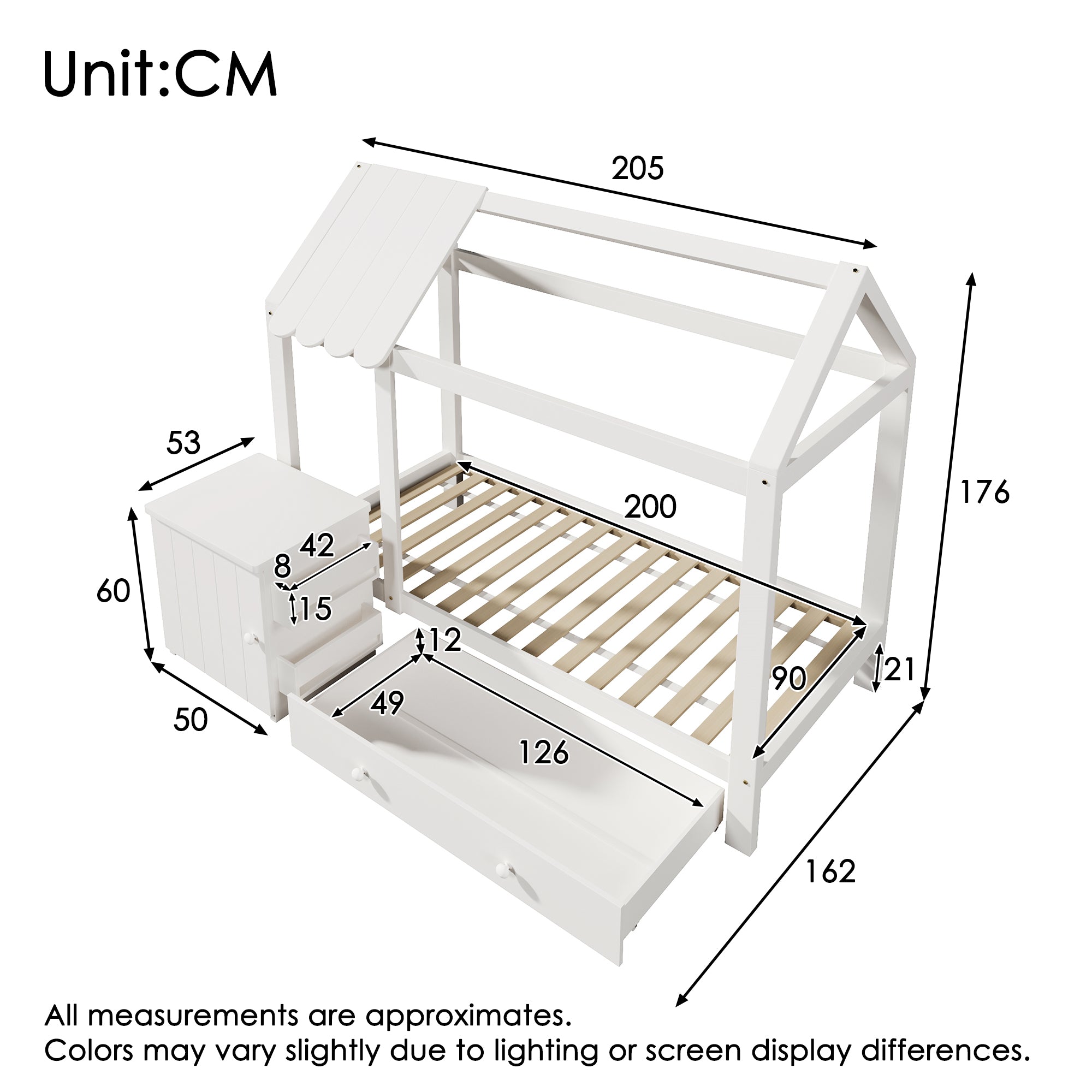 House Bed Children's Bed 90x200 cm, Solid Wood with Drawers & Removable Bedside Table, White