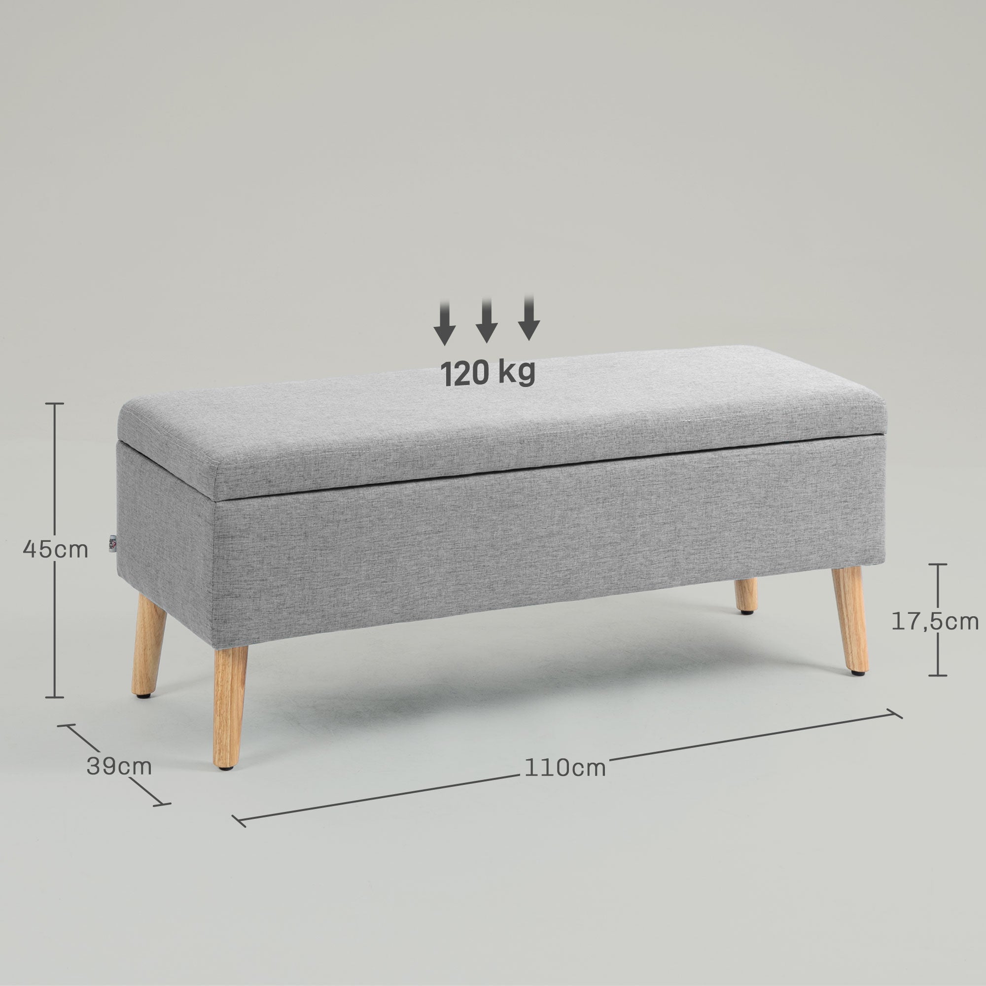 Upholstered bench with storage, 110 x 39 x 45 cm, grey linen look, rubber wood