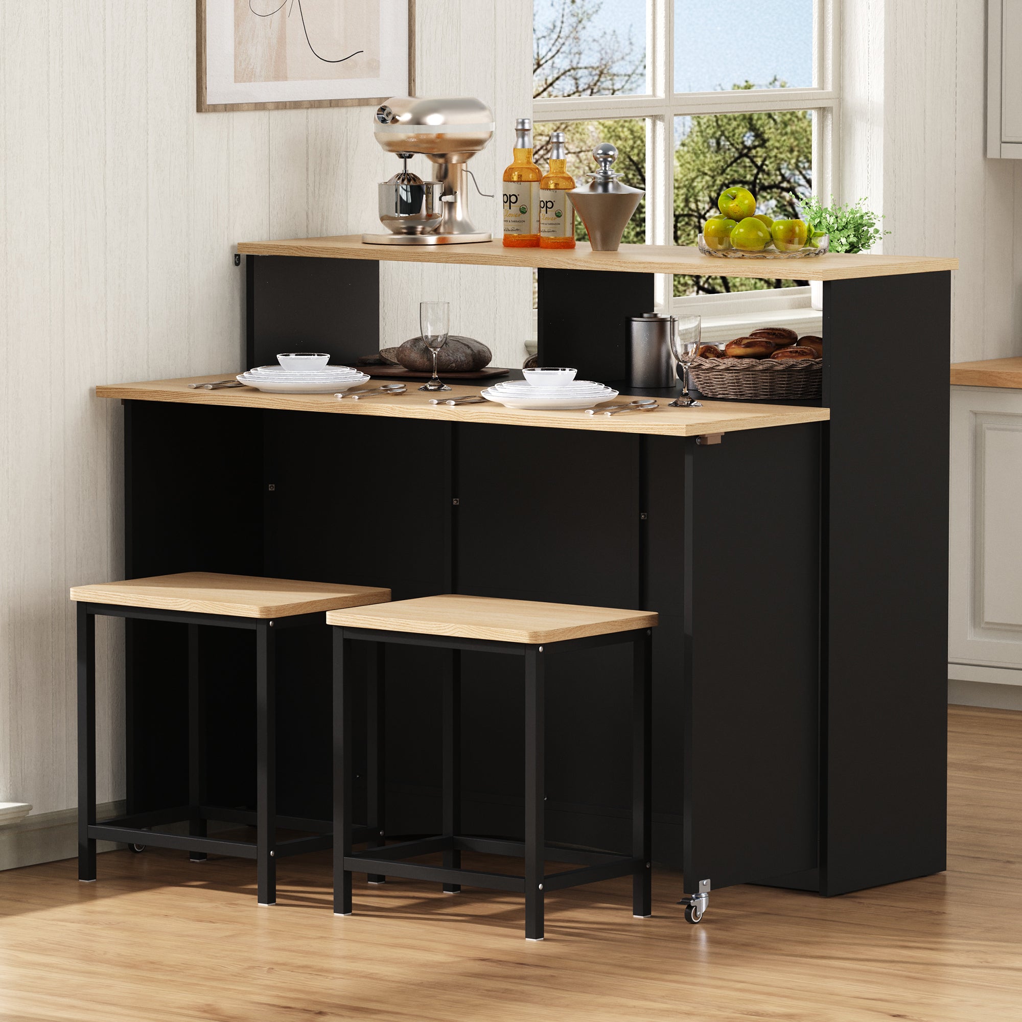 Kitchen Island Sideboard Extendable Dining Area Ample Storage Black